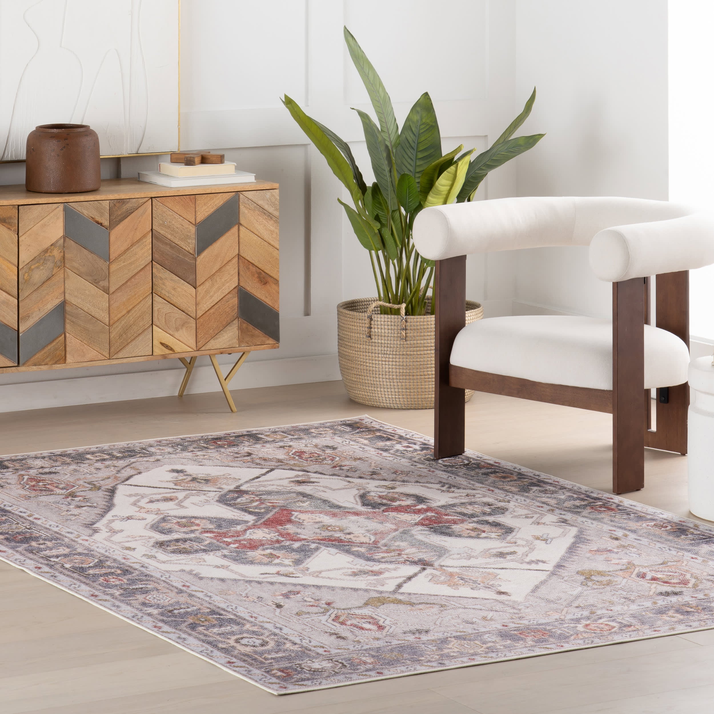 Crystalline Medallion Spill Proof Washable Rug - Non-Slip Beige Area Rug for Living Room, Bedroom, Kitchen | Waterproof & Stain Resistant Floor Mat for Home Decor