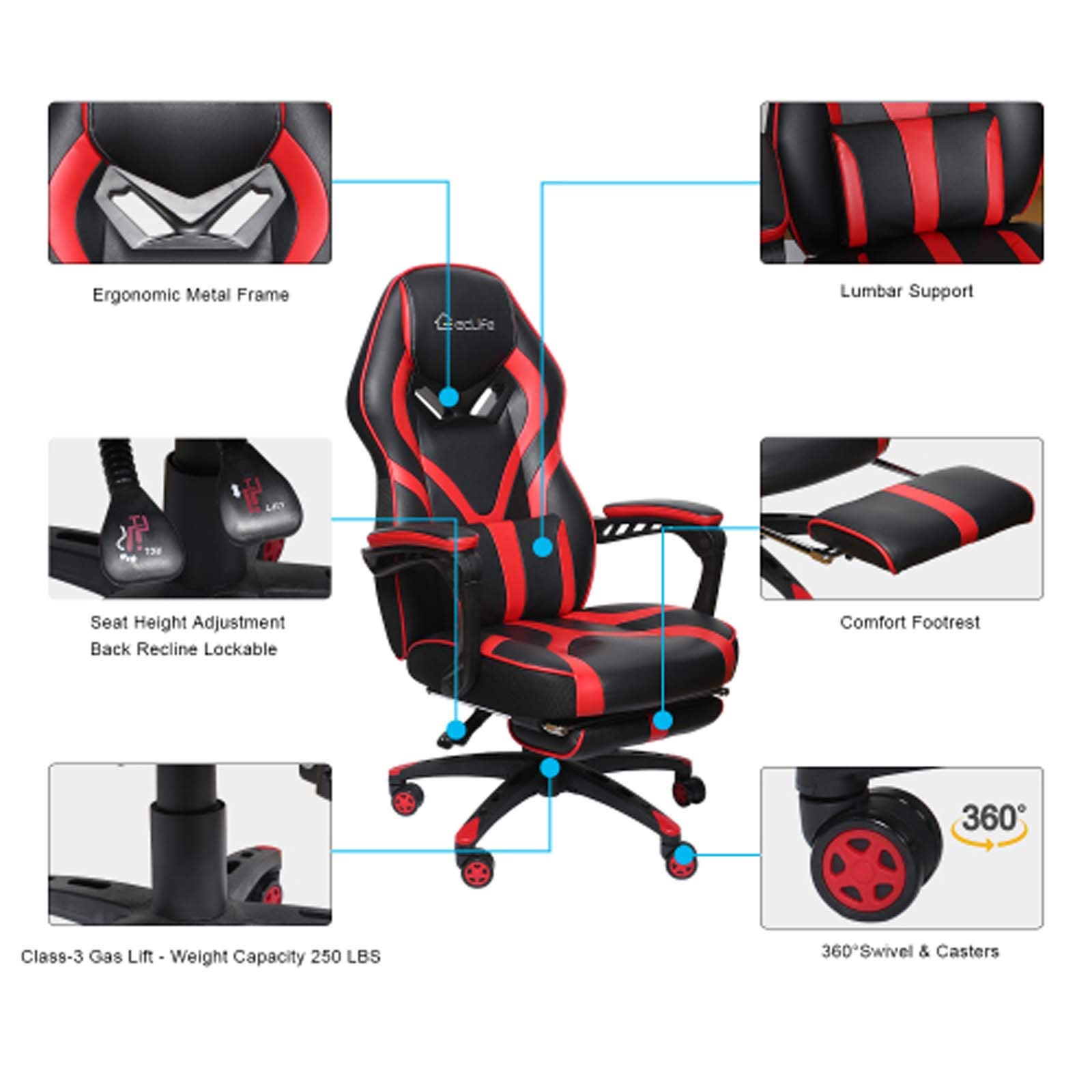 MYTUNES High Back Ergonomic Gaming Chair with Massage & Footrest - Racing Style Swivel Office Computer Chair for Home & Work (Red) - Perfect for Gaming, Working, and Relaxing