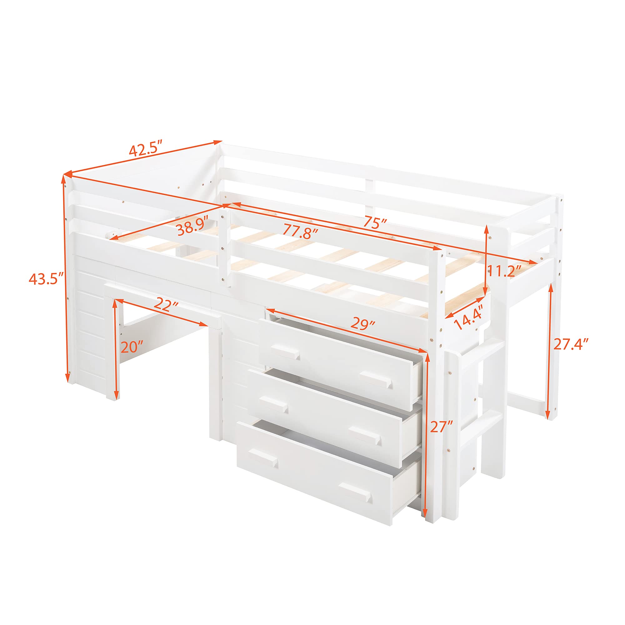 Solid Wood Twin Loft Bed with Storage Drawers, Cabinet & Shelf - Low Profile Design for Kids, Teens & Adults - No Box Spring Needed in White | Perfect for Small Bedrooms, Dorms & Space-Saving Kids' Rooms