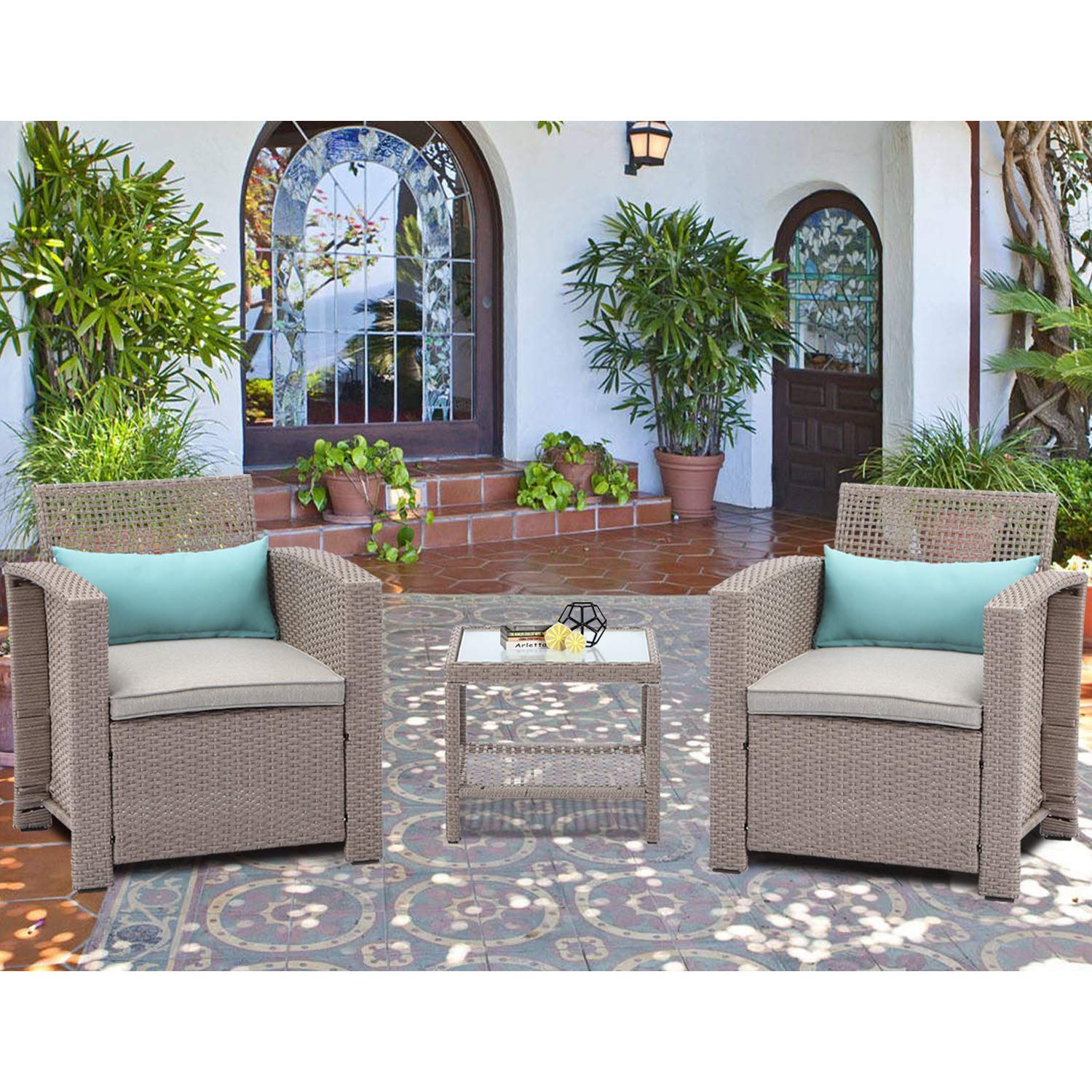 Premium 3-Piece Outdoor Patio Furniture Set - PE Wicker Armchairs with Warm Gray Cushions & Coffee Table, Includes 2 Turquoise Throw Pillows - Perfect for Garden, Poolside, Lawn, Backyard & Patio Relaxation