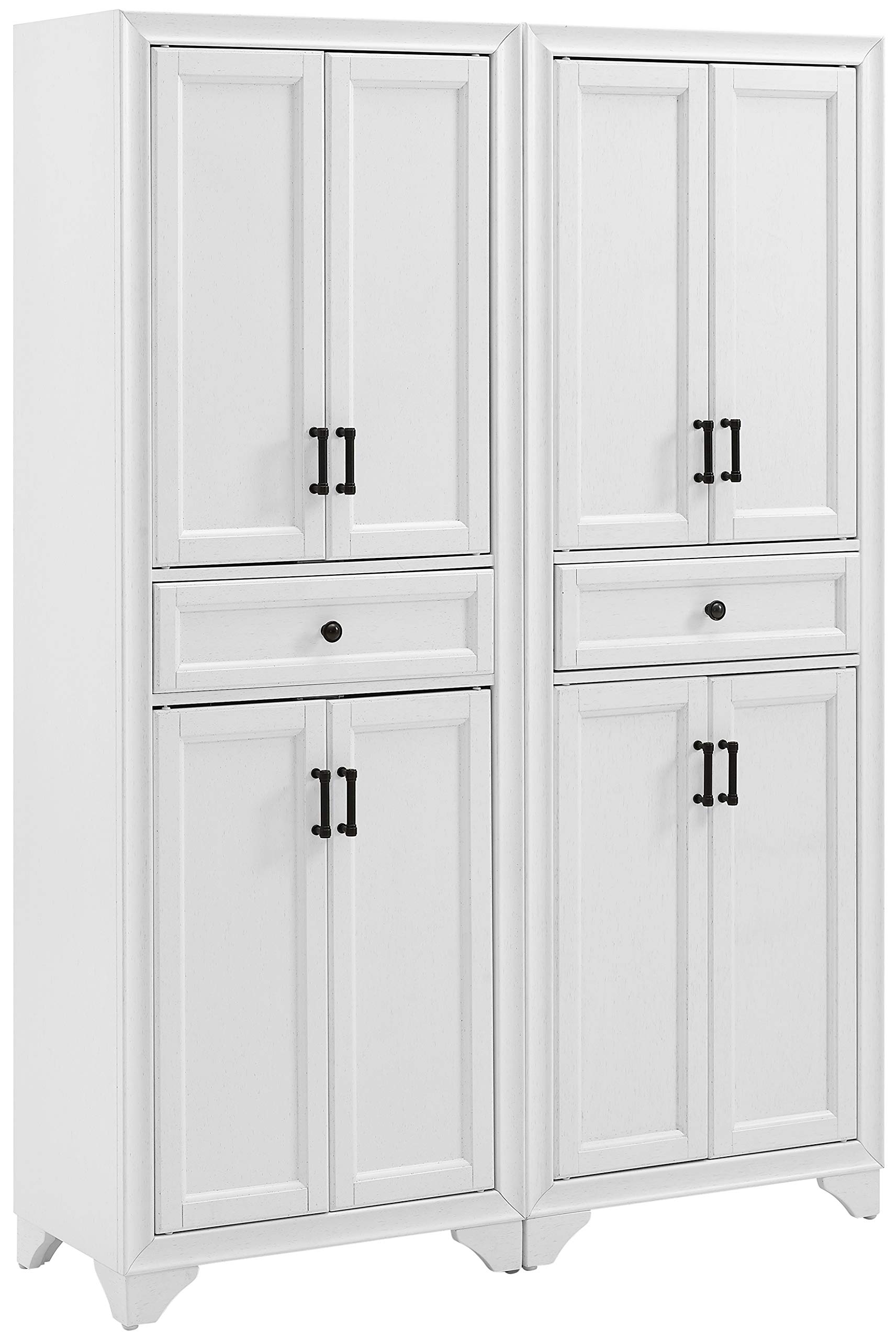 Crosley Furniture Tara 2-Piece Pantry Storage Cabinet Set with Adjustable Shelves - Distressed White Kitchen Organizer for Dining Room & Laundry Room Storage | Perfect for Small Spaces & Home Organization