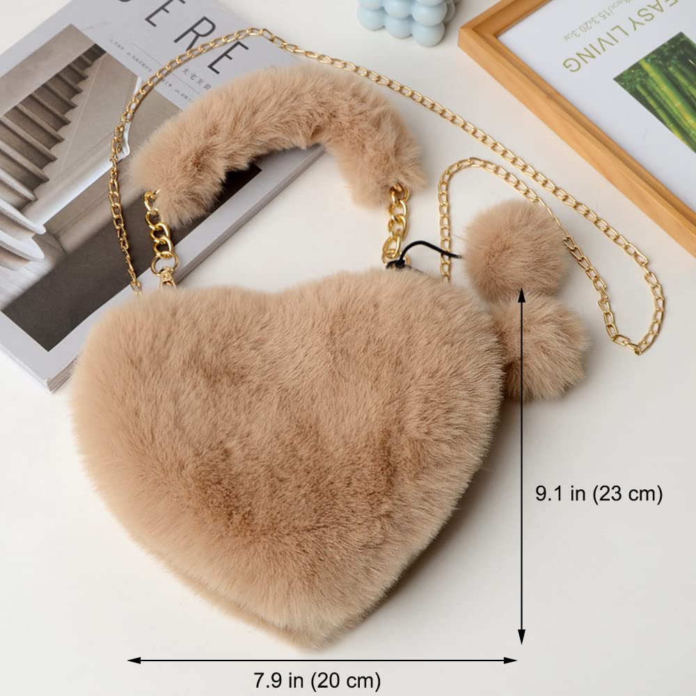 Rejolly Heart Shaped Fluffy Faux Fur Handbag for Women & Girls - Soft Small Shoulder Bag Clutch Purse - Perfect for Parties, Date Nights & Casual Outings