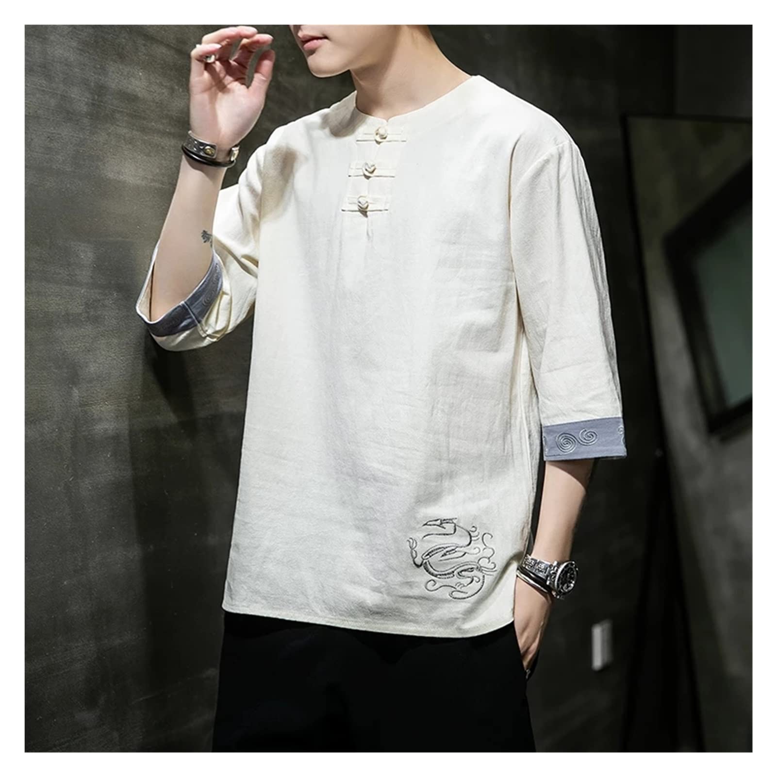 LEIGE Men's Hanfu Linen Short Sleeve T-Shirt - Plus Size 4XL Tang Suit Top for Casual Wear | Breathable Linen Shirt for Summer, Cosplay, and Traditional Chinese Style Outfits
