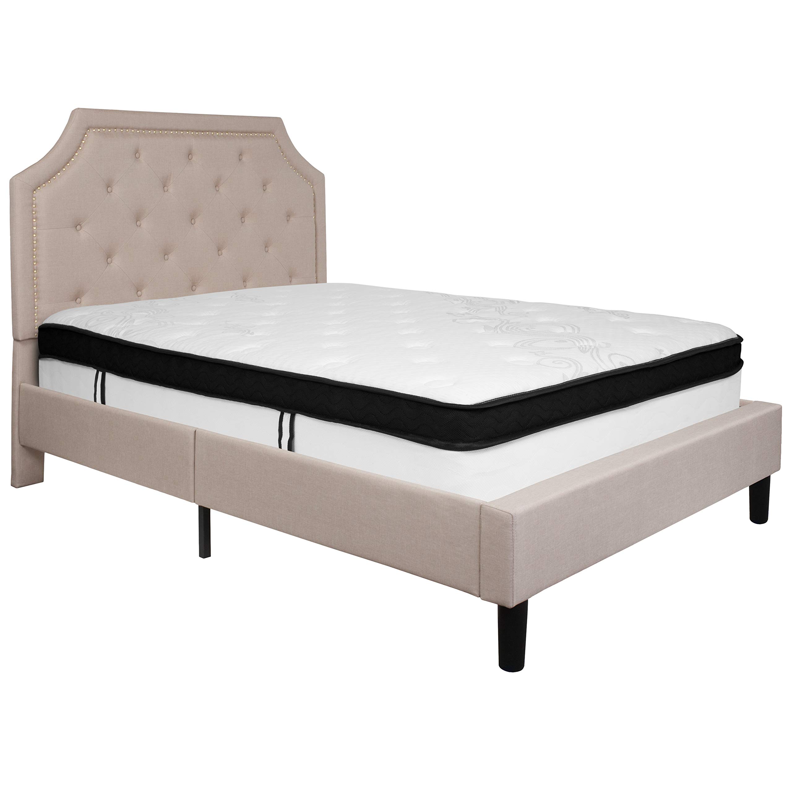 Emma & Oliver Full Arched Tufted Platform Bed Frame with Memory Foam Mattress - Beige Fabric Upholstered Queen Size Bed for Modern Bedroom & Guest Room