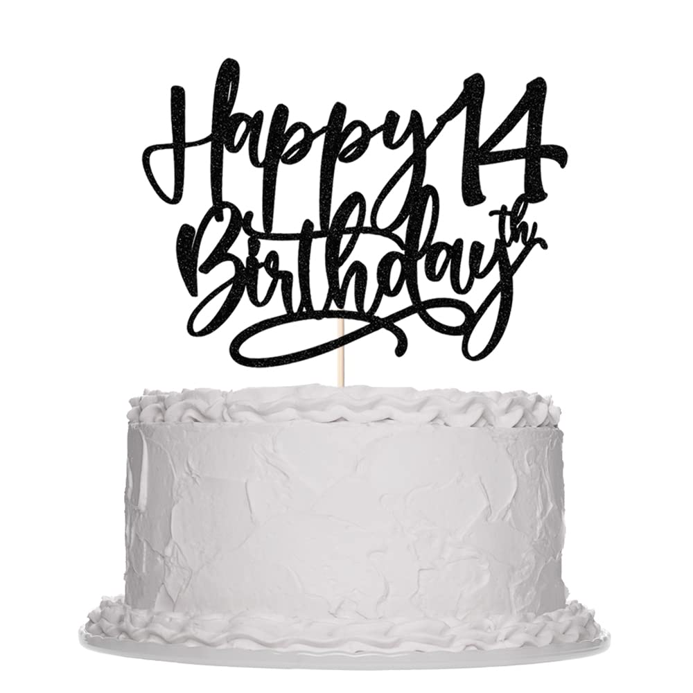 Black Glitter Happy 14th Birthday Cake Topper - Cheers 14th Anniversary Party Decorations for Teens | Perfect for Birthday Cakes, Cupcakes & Celebration Parties