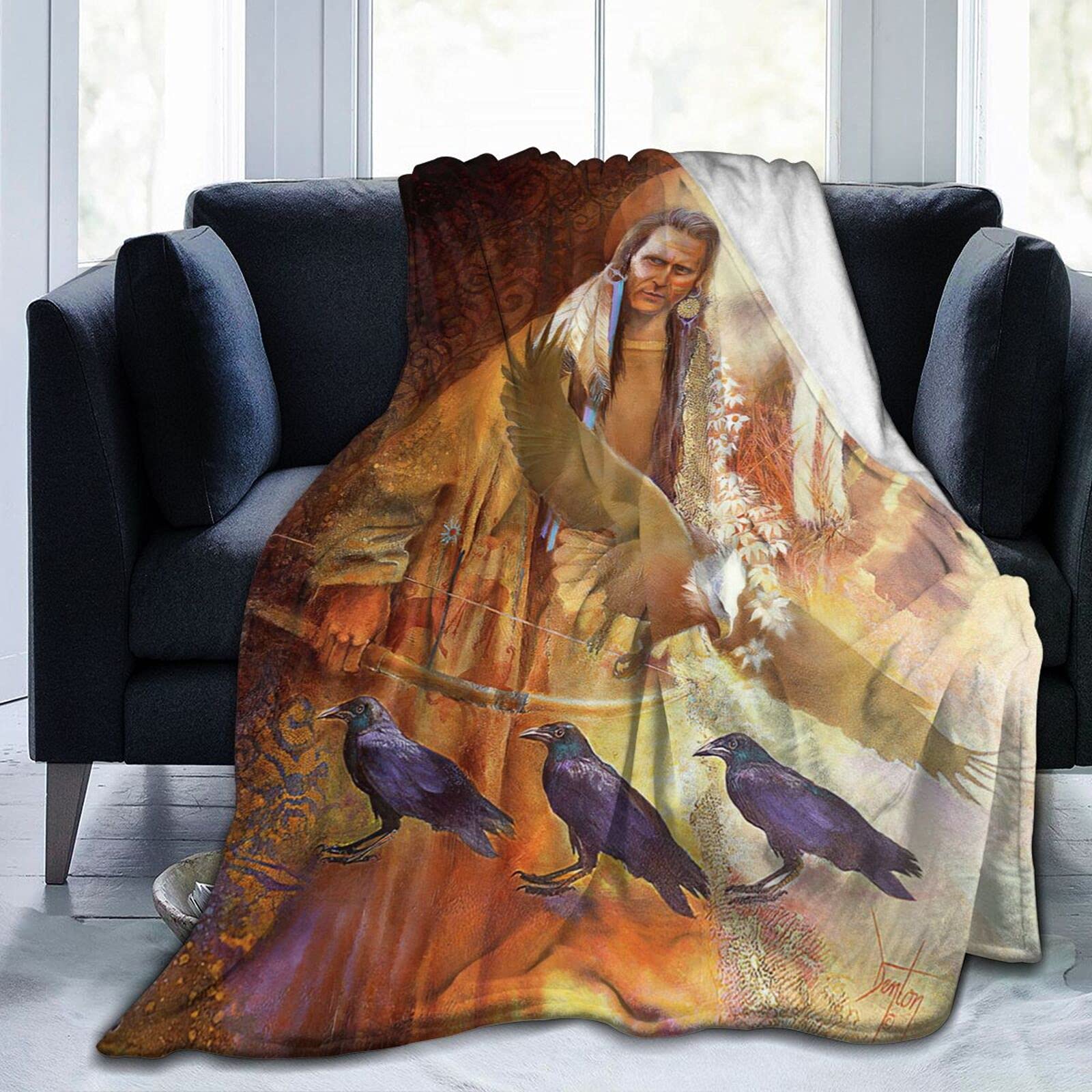 Premium Native American Indian Fleece Blanket - Southwest Style Plush Throw with Bald Eagle & Wolf Design - Ultra Soft Luxury Blanket for Couch, Bed, Travel & Camping - Perfect Gift (50