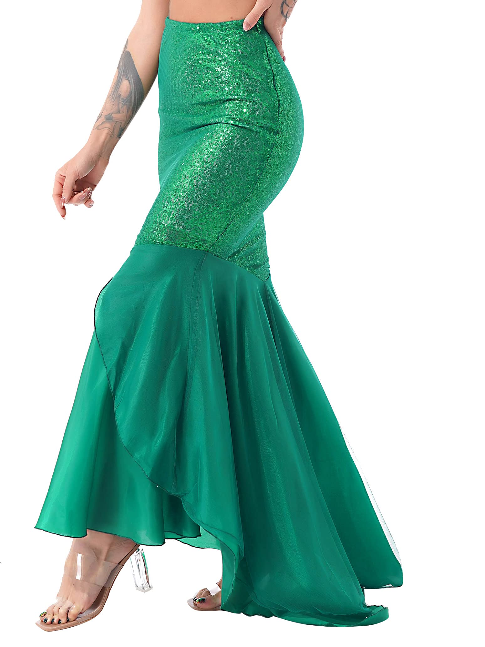 Women's Green Mermaid Tail Halloween Costume - Sequin Princess Maxi Skirt with Asymmetric Hemline for Cosplay, Party & Dress Up | Perfect for Halloween, Themed Parties & Costume Events