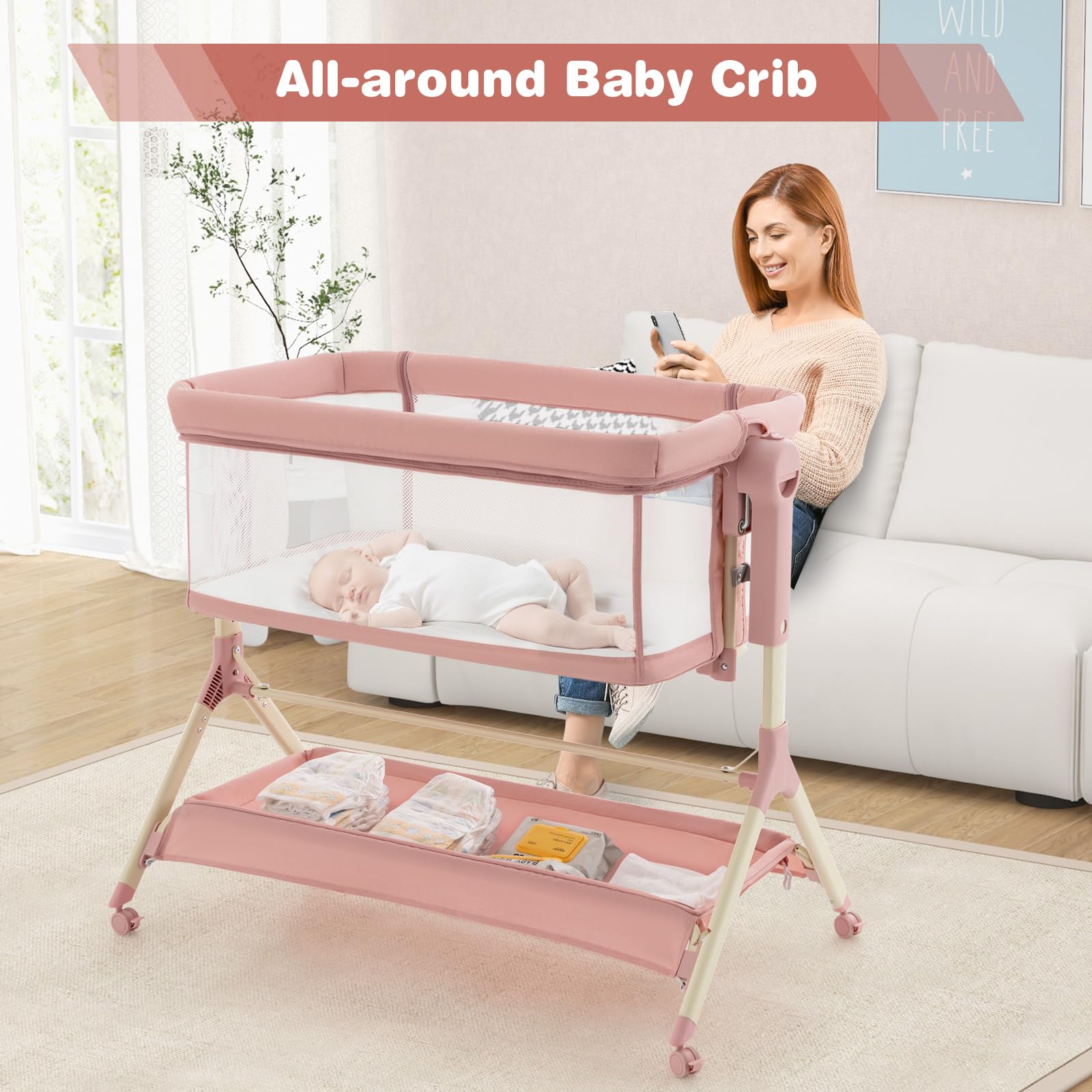 BABY JOY 3-in-1 Rocking Bassinet with Storage Basket | Adjustable Height Baby Bedside Sleeper with Universal Wheels, Mattress & Portable Bag | Nursery, Bedroom & Travel Use (Pink)