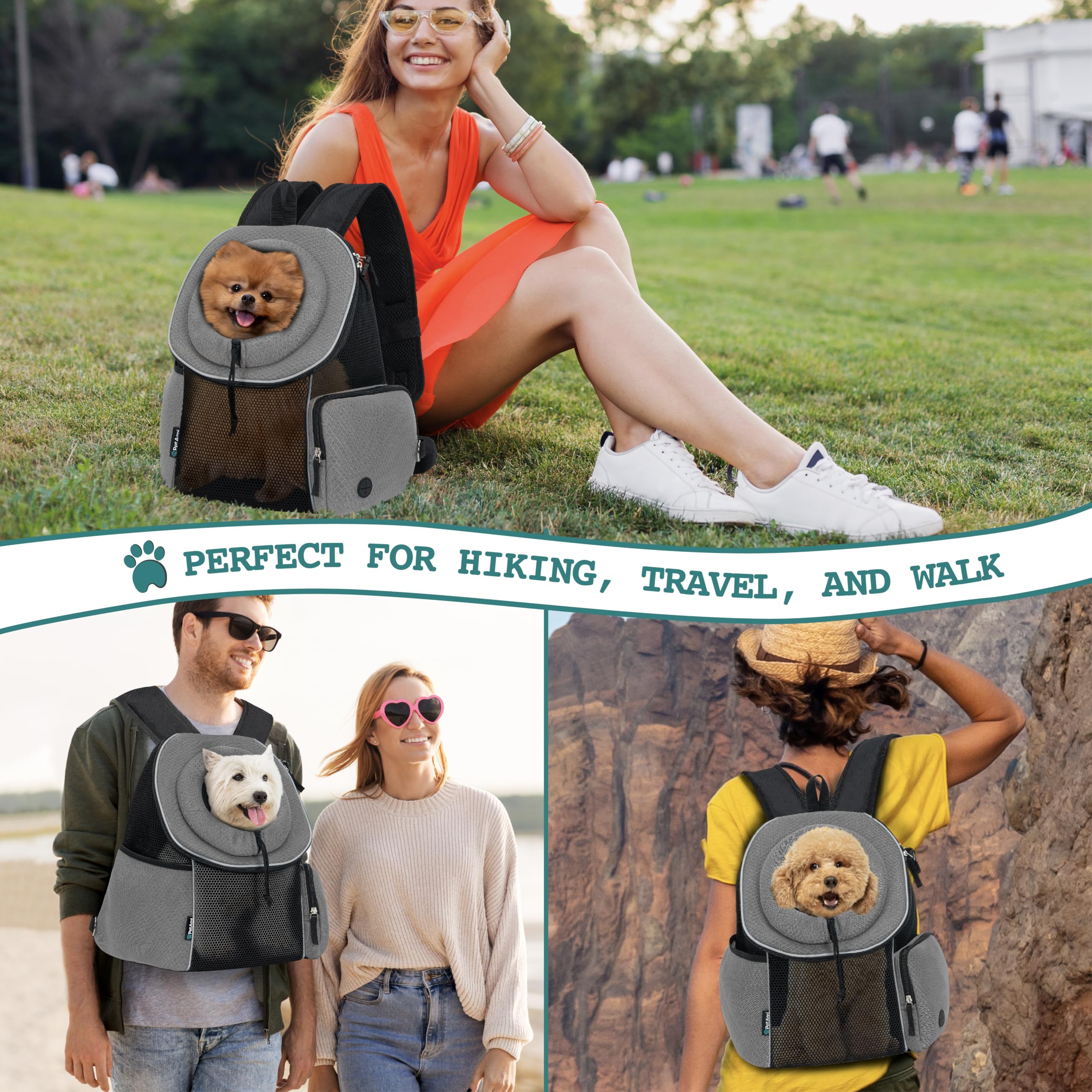 PetAmi Adjustable Dog & Cat Carrier Backpack - Ventilated Front & Chest Pet Carrier for Small Dogs & Medium Cats up to 14 lbs - Perfect for Hiking, Camping, Travel & Outdoor Adventures (Grey)