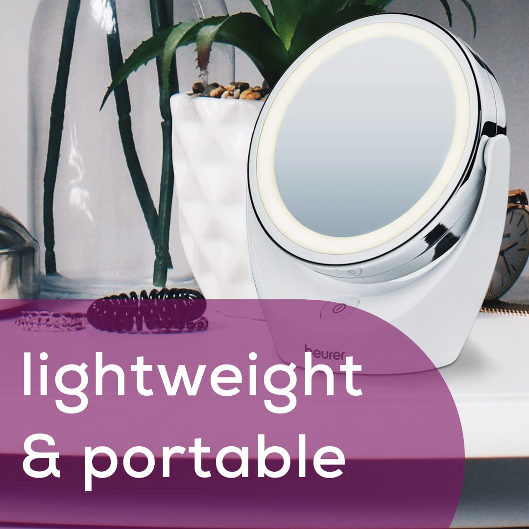 Beurer 5x Magnifying Double-Sided Cosmetic Vanity Makeup Mirror with LED Lights - 360° Swivel Rotation, Cordless (Model BS49) | Perfect for Makeup Application, Skincare Routine & Eyebrow Grooming