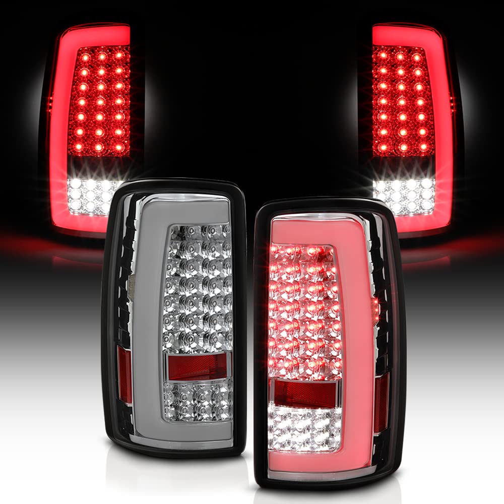 ACANII Chrome LED Tube Tail Lights Brake Lamps Pair for 2000-2006 Chevy Suburban Tahoe GMC Yukon - Left+Right Replacement - Enhance Night Visibility & Style for SUVs