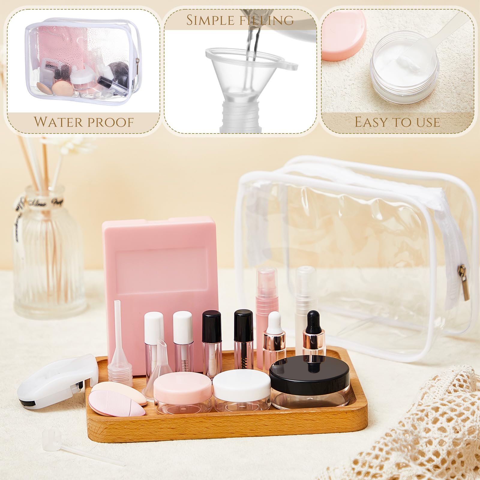 Maxdot 20 Pack Travel Makeup Containers Set - Mini Leak Proof Refillable Empty Bottles Kit with Brush & Spatulas - Perfect for Liquid Cosmetics, Skincare, Shampoo & Mascara - Ideal for Travel, Gym & Daily Organizing