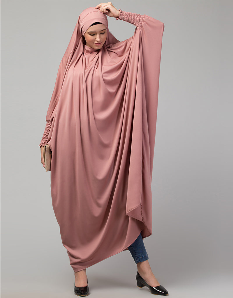 Elegant Arabic Smoking Sleeve Tie-Back Jilbab - Ready to Wear Full Size Knit Abaya in Mauve Pink | Perfect for Prayer, Modest Fashion & Special Occasions
