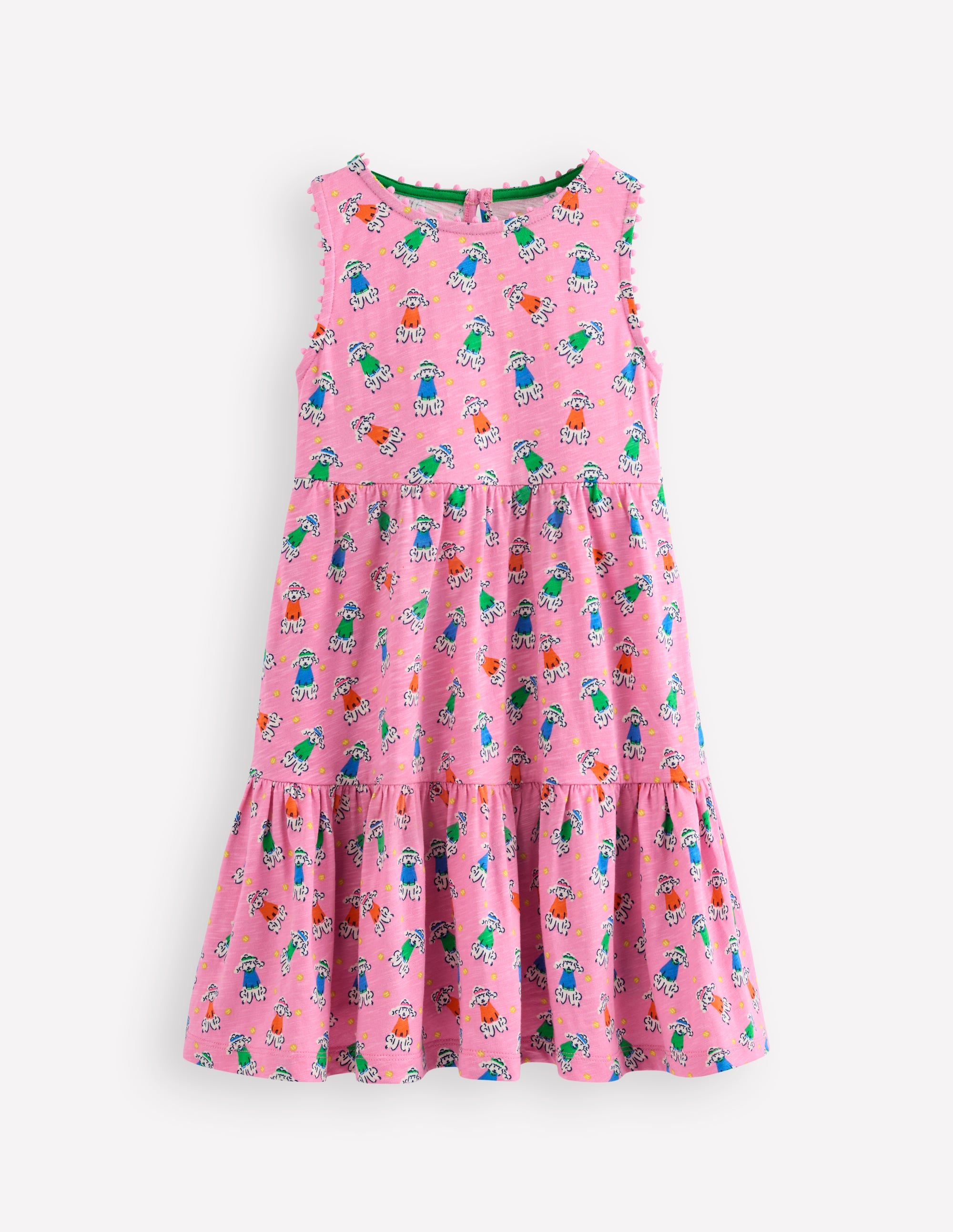 Ali Pom Trim Jersey Dress - Cosmos Pink Sporty Poodle Print Women's Casual Dress for Summer Outings, Beach Vacations & Date Nights
