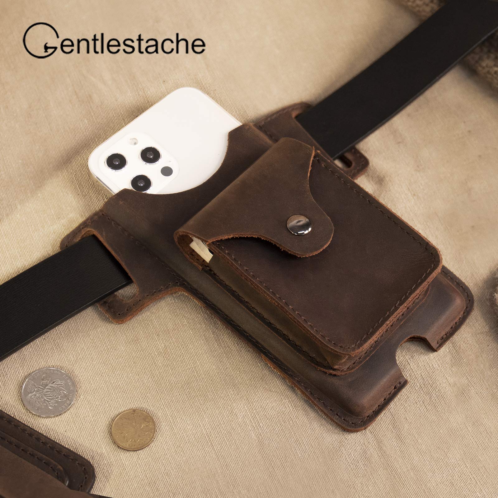 Gentlestache Leather Belt Phone Holster with Small Pocket - Premium Leather Cell Phone Case & Holder for Men & Women, Ideal for Outdoor, Work, and Everyday Use