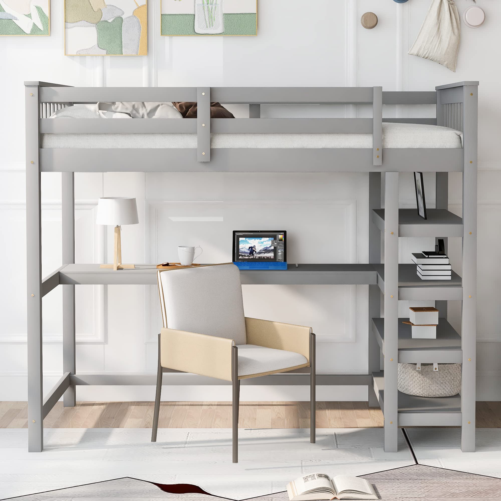 SOFTSEA Twin Loft Bed with Desk & Storage Shelves - Sturdy Wood Frame High Loft Bed for Kids & Teens - Perfect for Small Bedrooms, Dorms & Space-Saving Kids Rooms