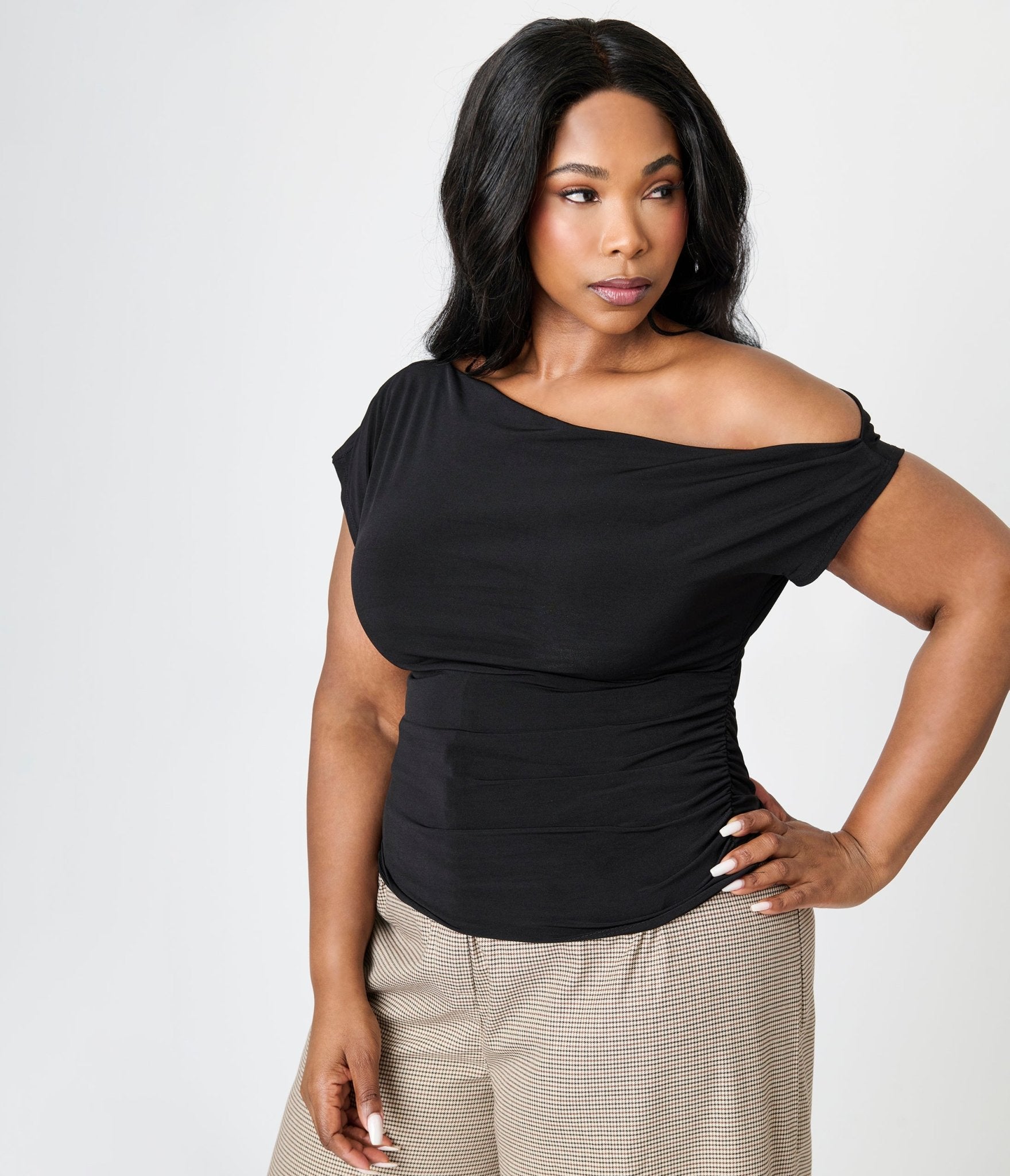 Plus Size Black Off The Shoulder Ruched Tops for Women - Stretchy Party Blouse for Date Night & Special Occasions