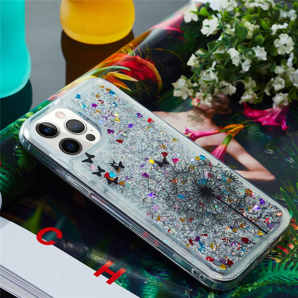 Glitter Liquid Case for iPhone 13 Pro Max - Sparkle Sequin Floating Quicksand Transparent TPU Shockproof Protective Cover - Dandelion Design - Perfect for Parties, Nightlife & Everyday Protection