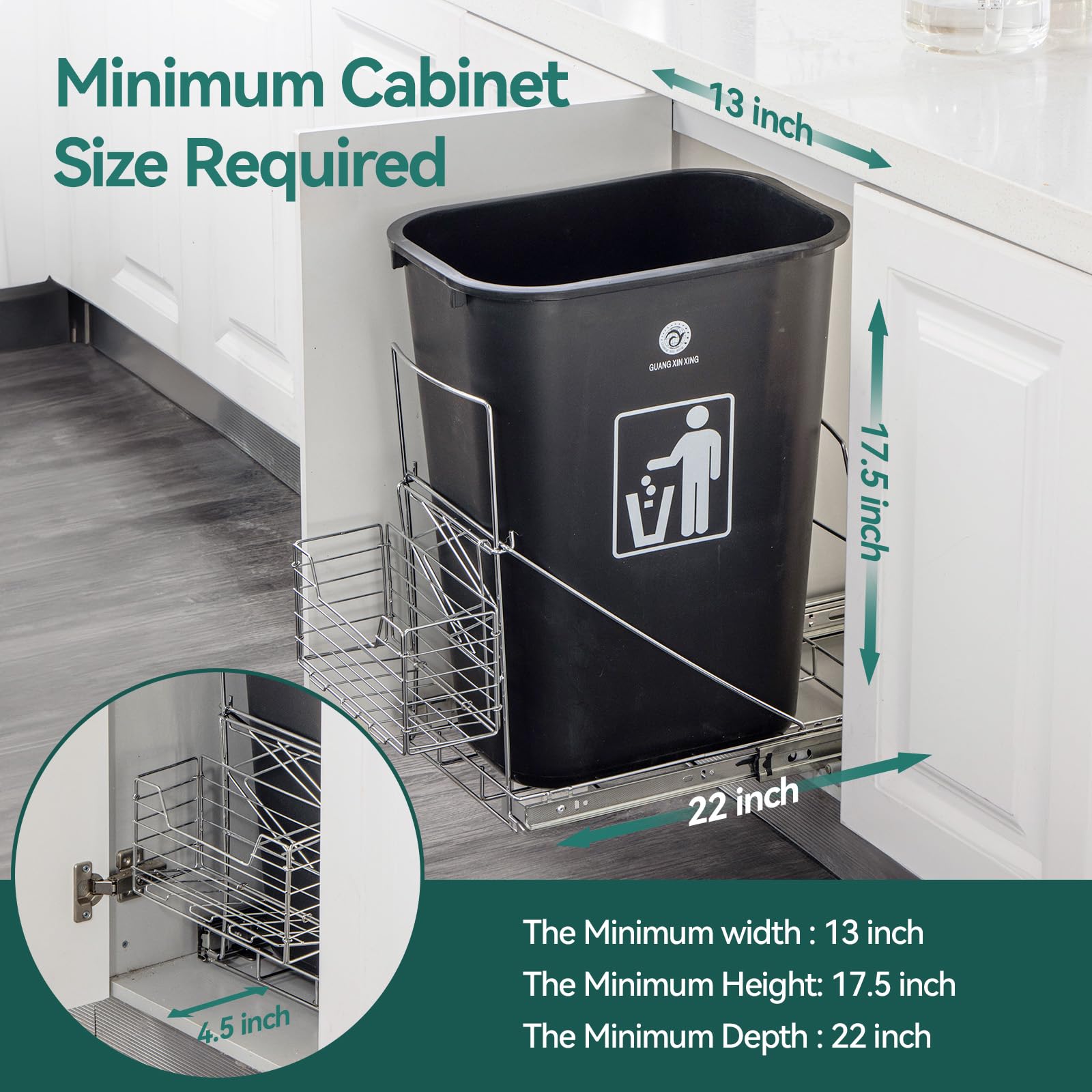 Under Cabinet Pull Out Trash Can Kit - Adjustable Slide Out Garbage Bin Organizer with Removable Basket for 7-11 Gallon Trash Cans (Trash Can Not Included) - Perfect for Kitchen, Bathroom & Office Organization