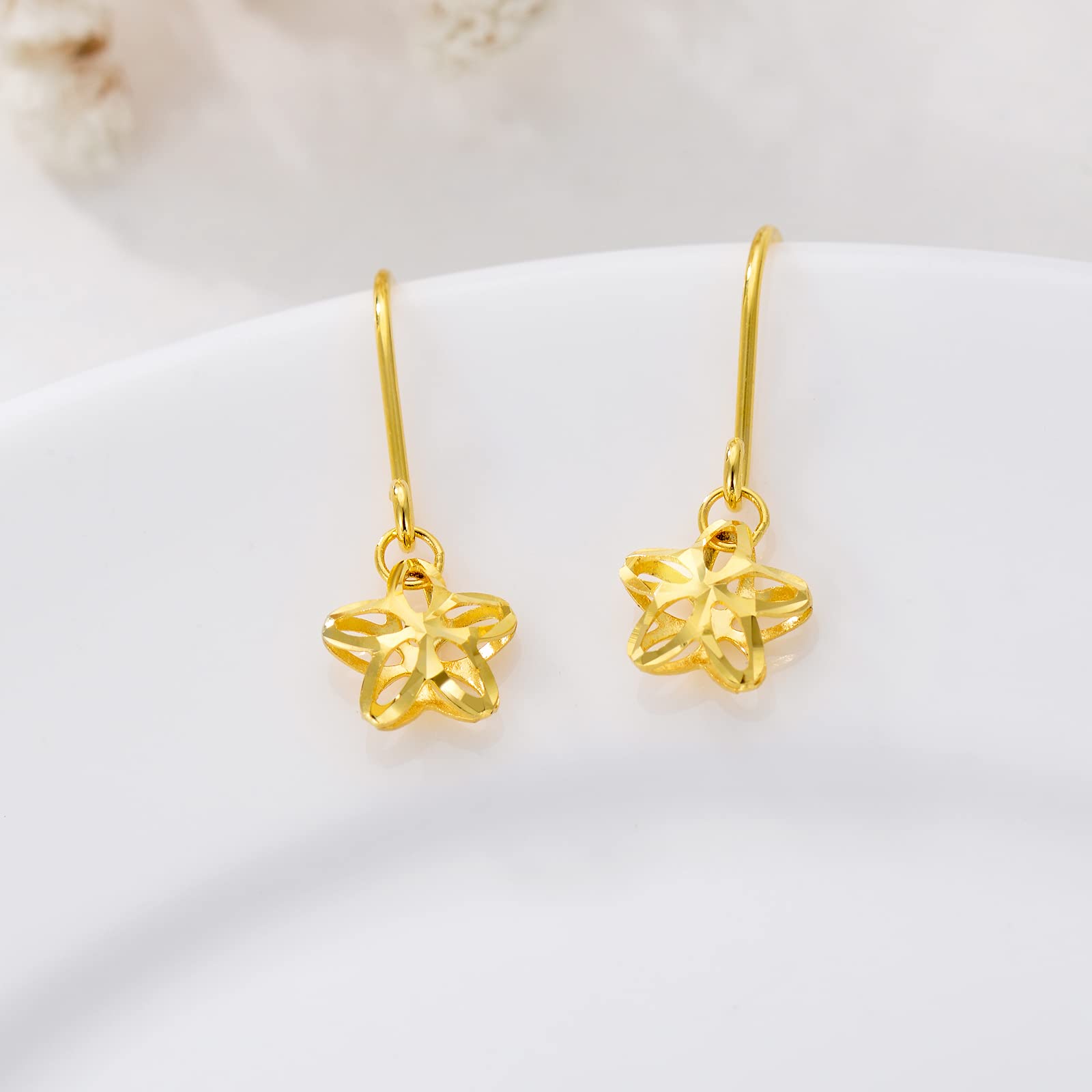 18K Solid Gold Cherry Blossom Dangle Earrings for Women - Yellow Gold Floral Drop Earrings for Anniversary, Birthday Gifts for Her - Perfect for Weddings, Parties & Special Occasions