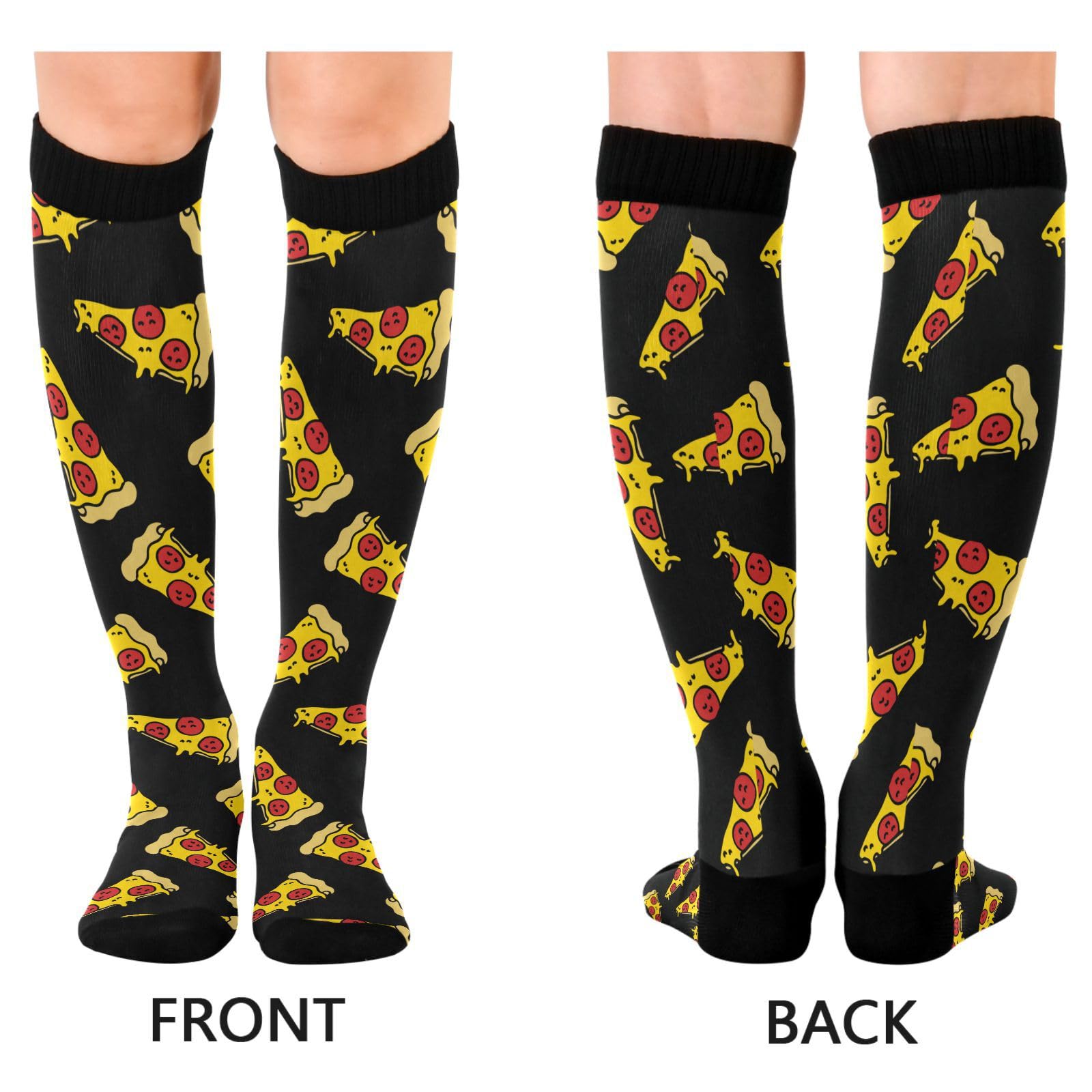 JUNZAN Pizza Doodle Pattern Knee High Compression Socks for Men & Kids - Black Athletic Socks for Running, Sports, Nursing - Perfect for Workouts, Hospital Shifts & Casual Wear