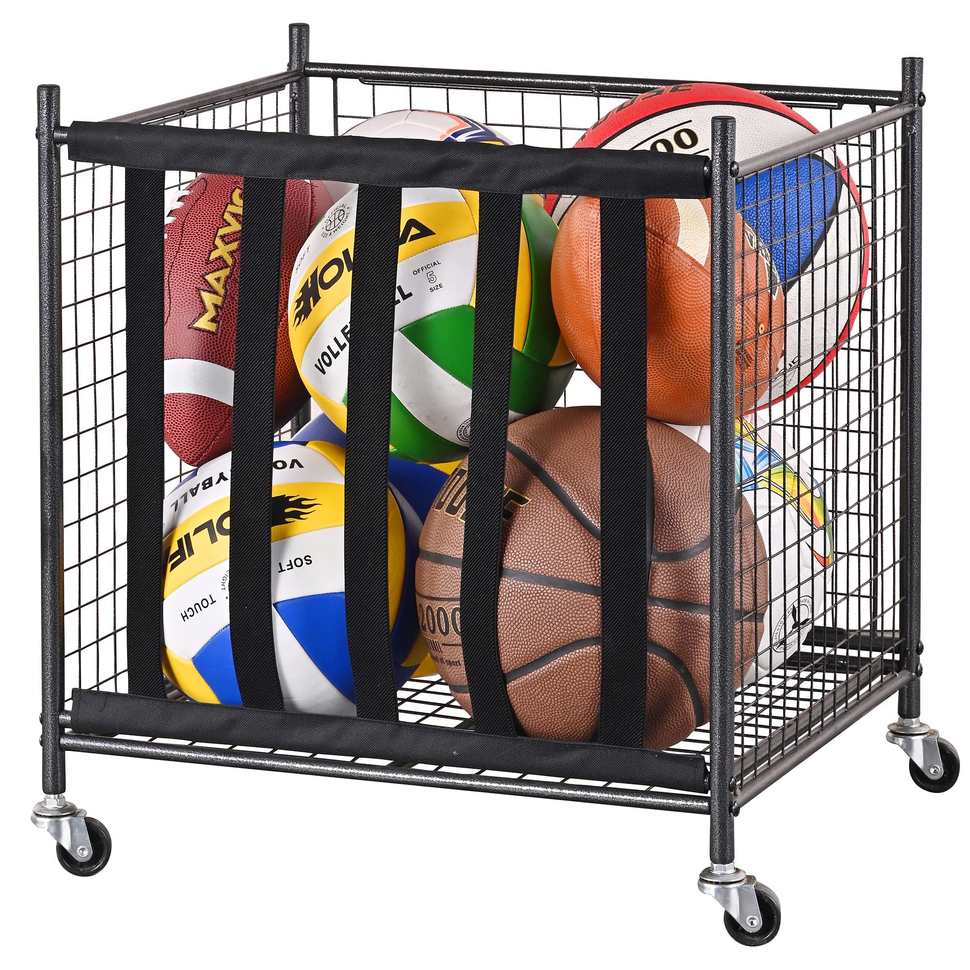Mythinglogic Rolling Sports Ball Storage Cart - Lockable Ball Organizer with Elastic Straps, Baskets & Hooks | Garage Storage System for Basketballs, Soccer Balls & Sports Equipment | Perfect for Home Gym, Playroom & Sports Facility Organization