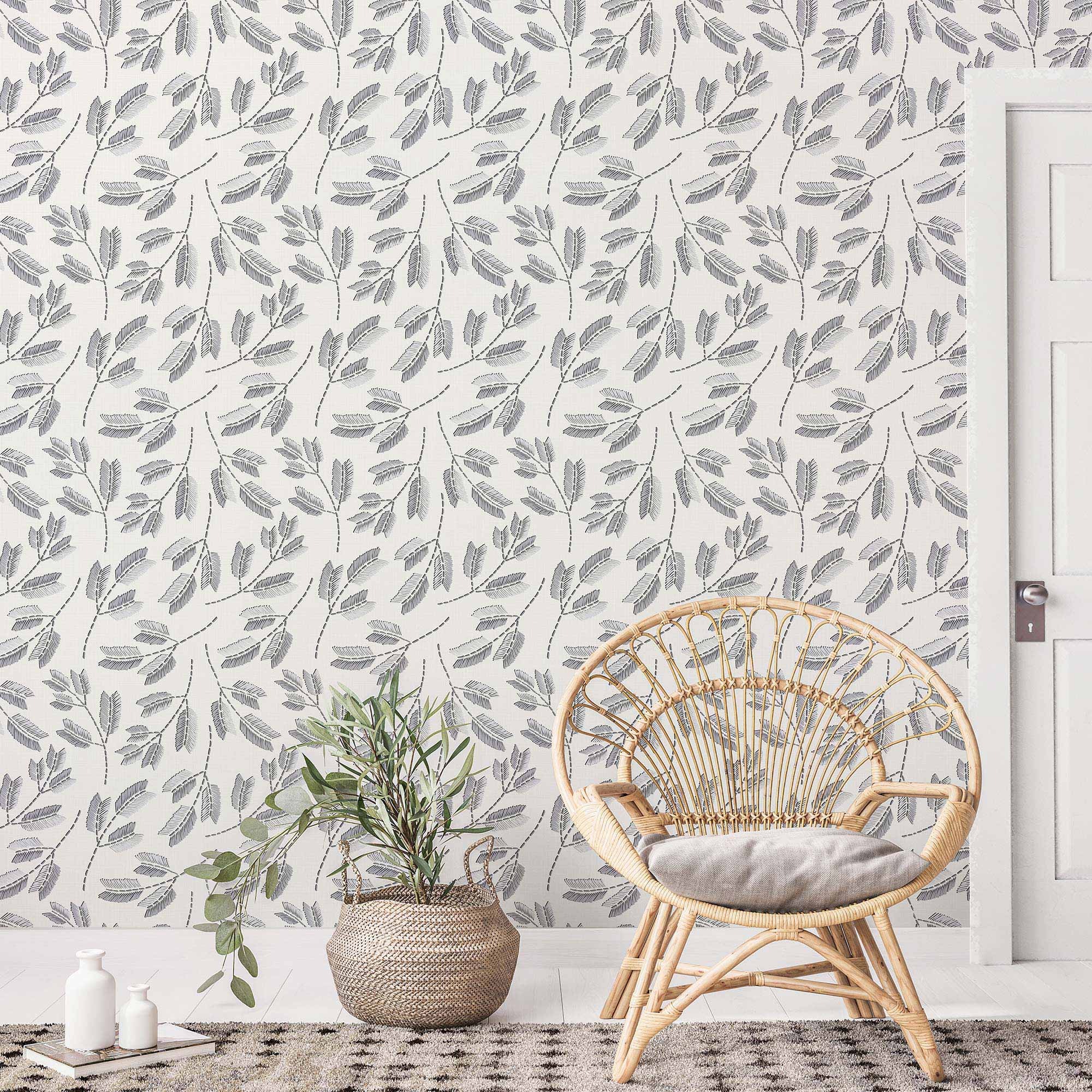 Grey Leaves Peel and Stick Removable Wallpaper - Self-Adhesive Decorative Wall Covering for Bedroom, Living Room, and Office Decor