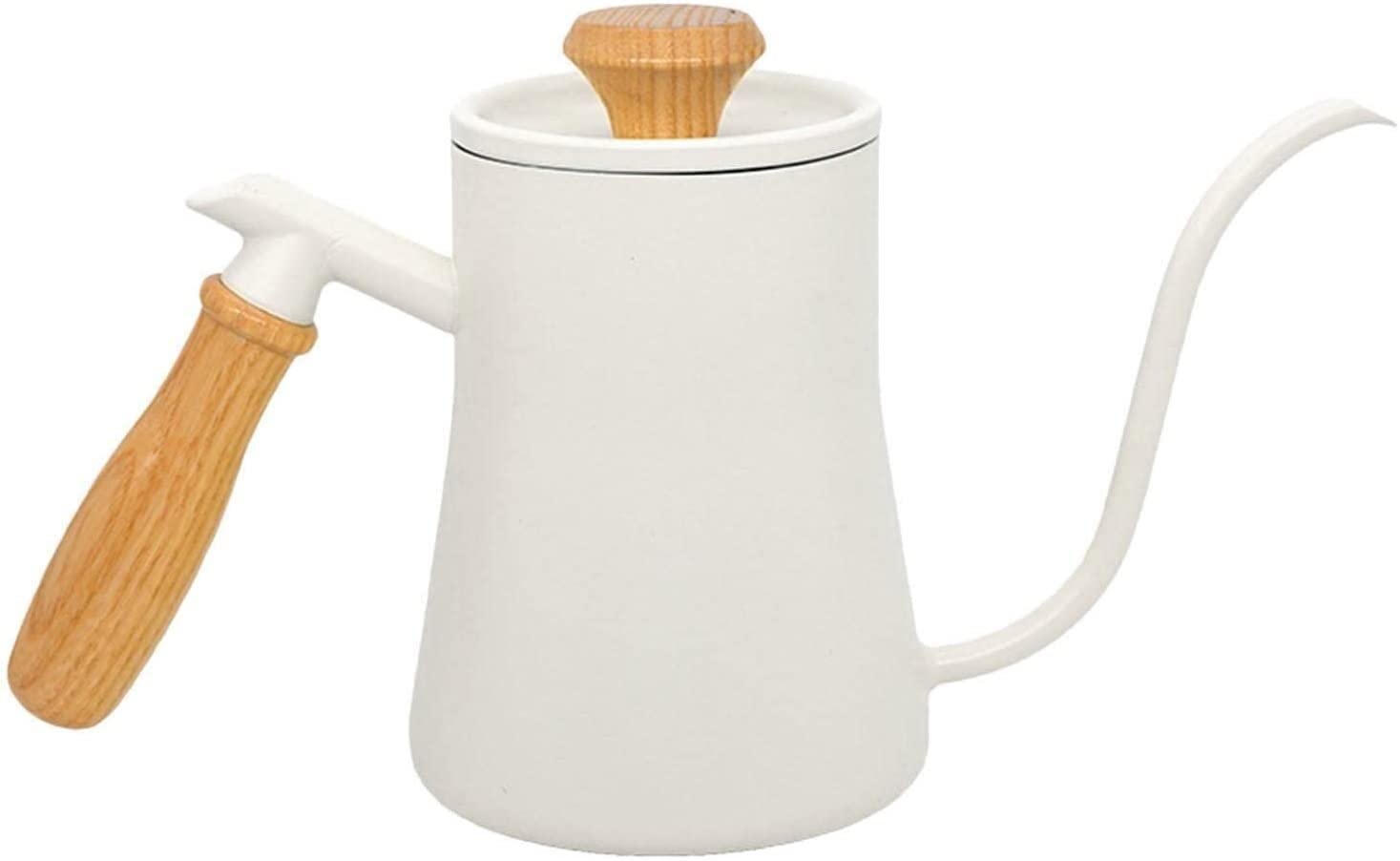 Premium Stainless Steel Gooseneck Tea Kettle with Wooden Handle - Long Spout Drip Kettle for Espresso, Moka & Pour Over Coffee - Perfect for Office, Home & Stovetop Use (White)