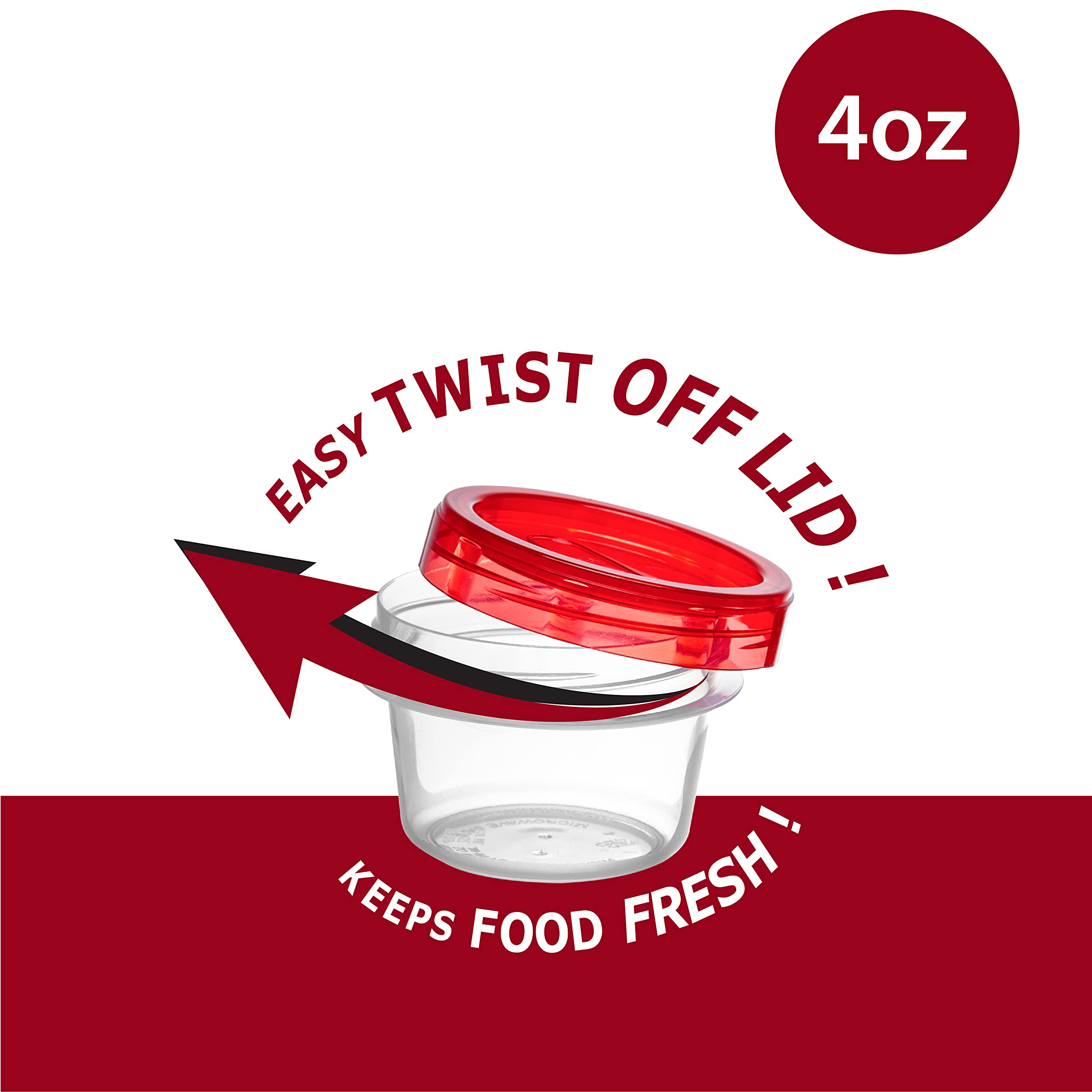 20 Pack 4oz Clear Plastic Food Storage Containers with Red Twist-On Lids - Airtight Freezer Safe Containers for Meal Prep, Leftovers & Snacks