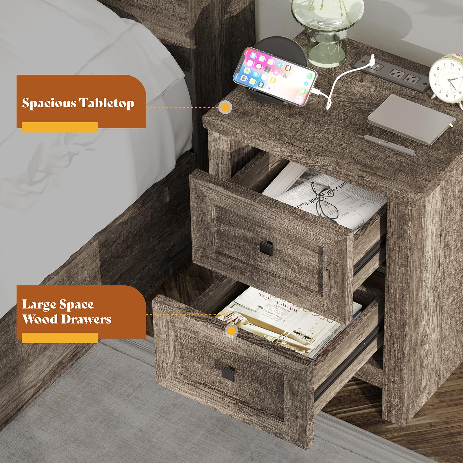 AMERLIFE Farmhouse Queen Bedroom Set - Wood Platform Bed with 51.2