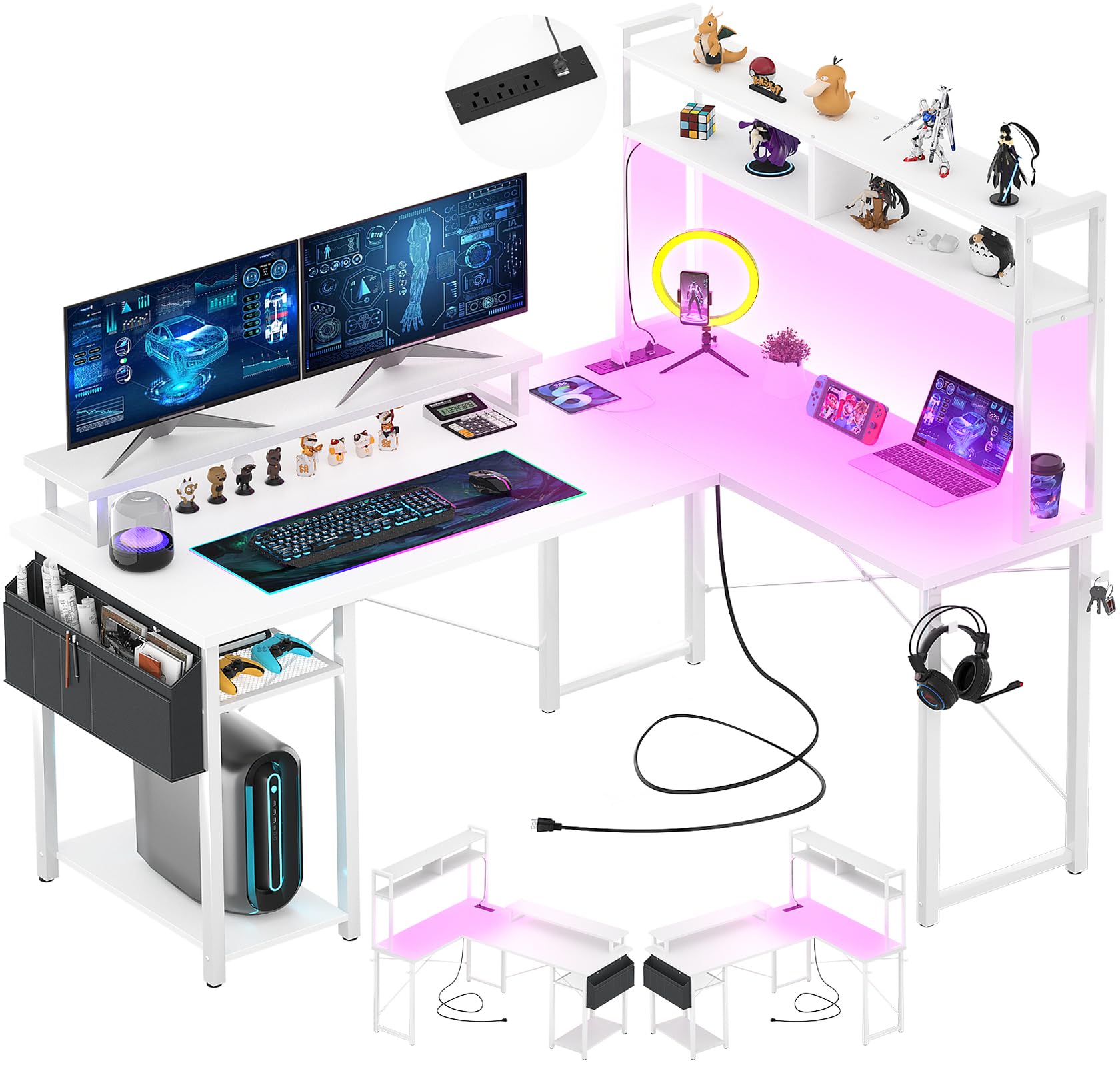 L-Shaped Gaming Desk with Charging Port & LED Lights - Reversible Corner Computer Desk with Monitor Stand, Storage Shelf & Organizer Bag - Compact Home Office Desk for Small Spaces (White) | Perfect for Gaming Setups, Workstations & Home Office Organization