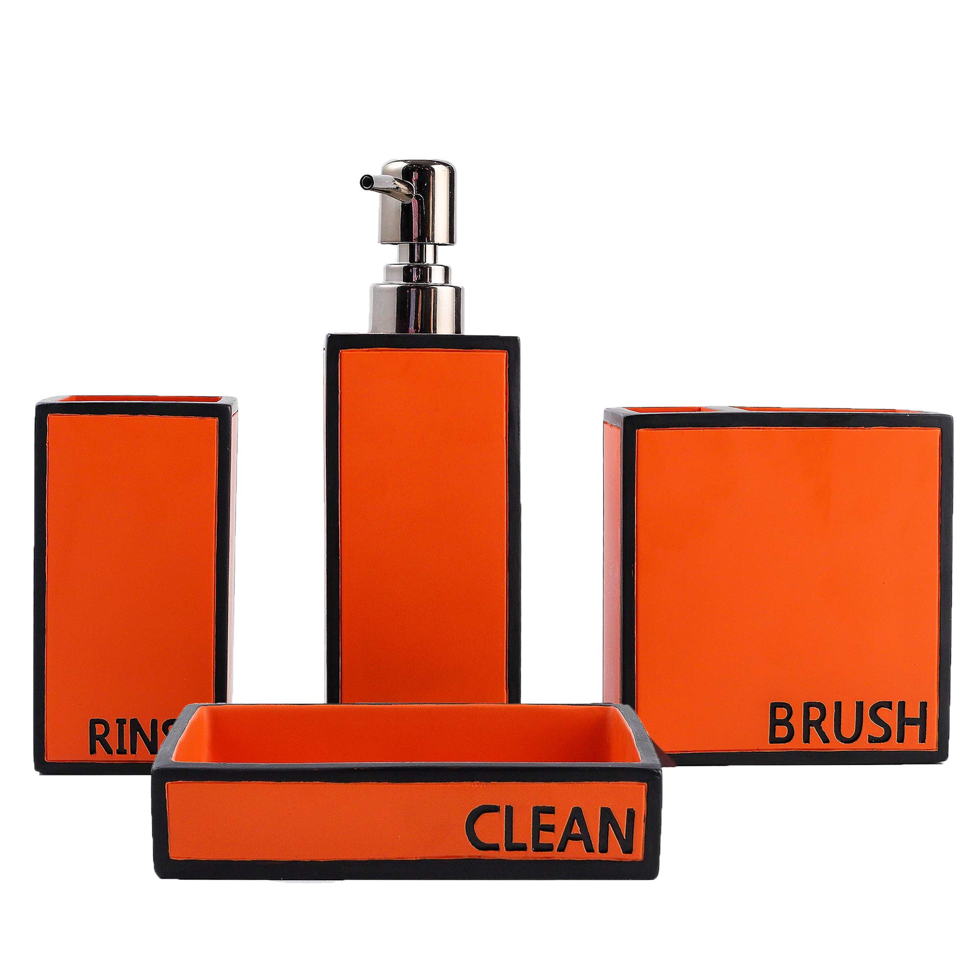 Hymmah 4-Piece Farmhouse Bathroom Accessories Set - Toothbrush Holder, Soap Dispenser, Soap Dish & Tumbler - Rustic Orange Resin Bath Decor for Apartment, Housewarming Gift - Perfect for Bathroom Organization and Farmhouse Style Decor