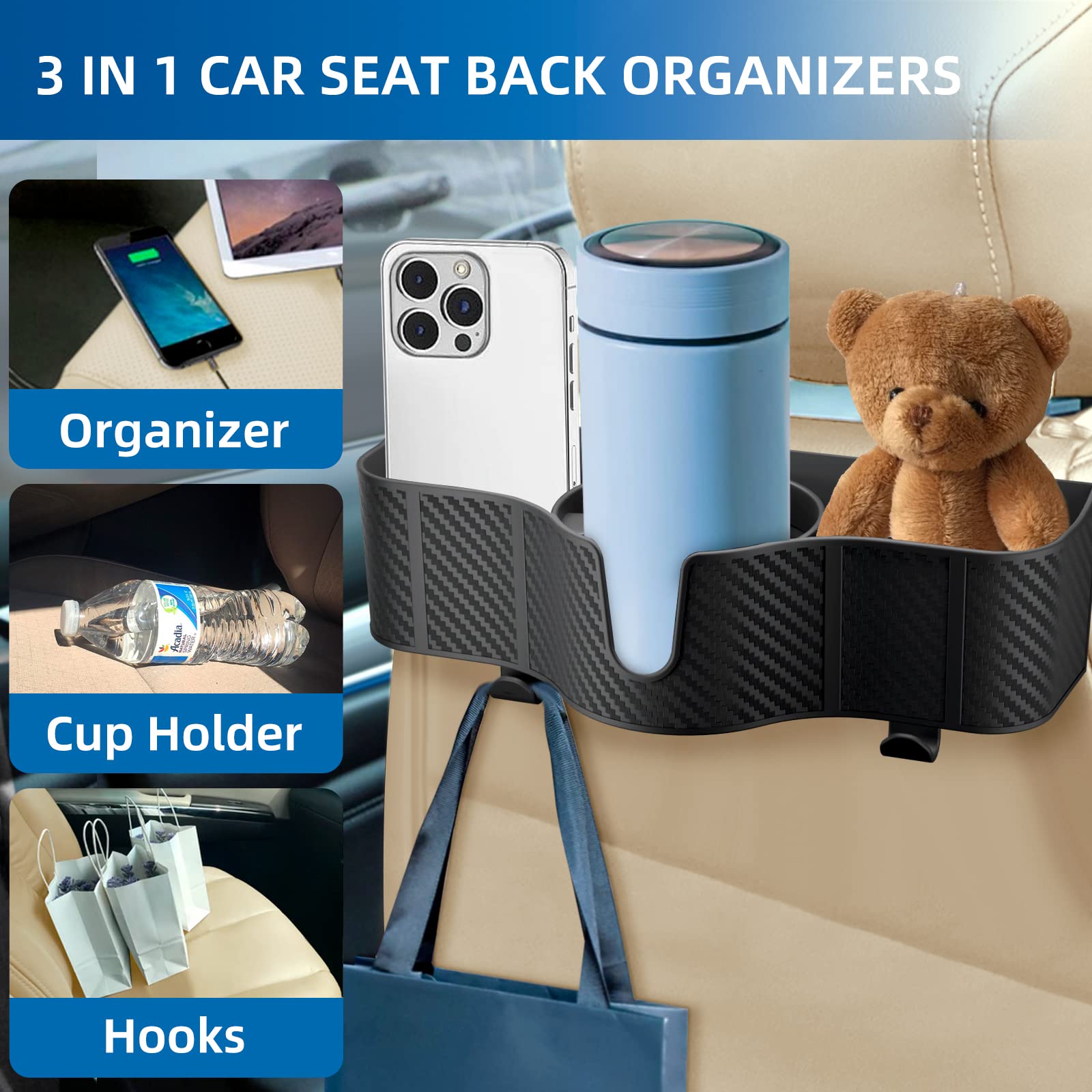 3-in-1 Car Headrest Backseat Organizer with 3.7