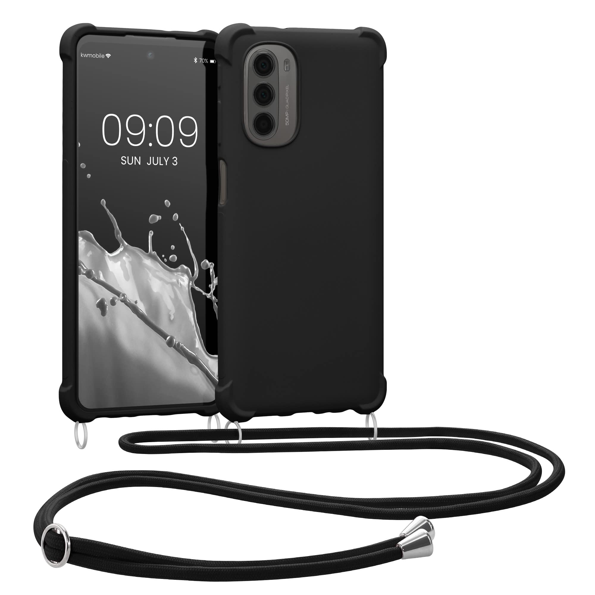 kwmobile Crossbody Phone Case for Motorola Moto G51 5G - Soft Matte TPU Protective Holder with Adjustable Neck Strap (Black) | Perfect for Travel, Shopping & Hands-Free Convenience