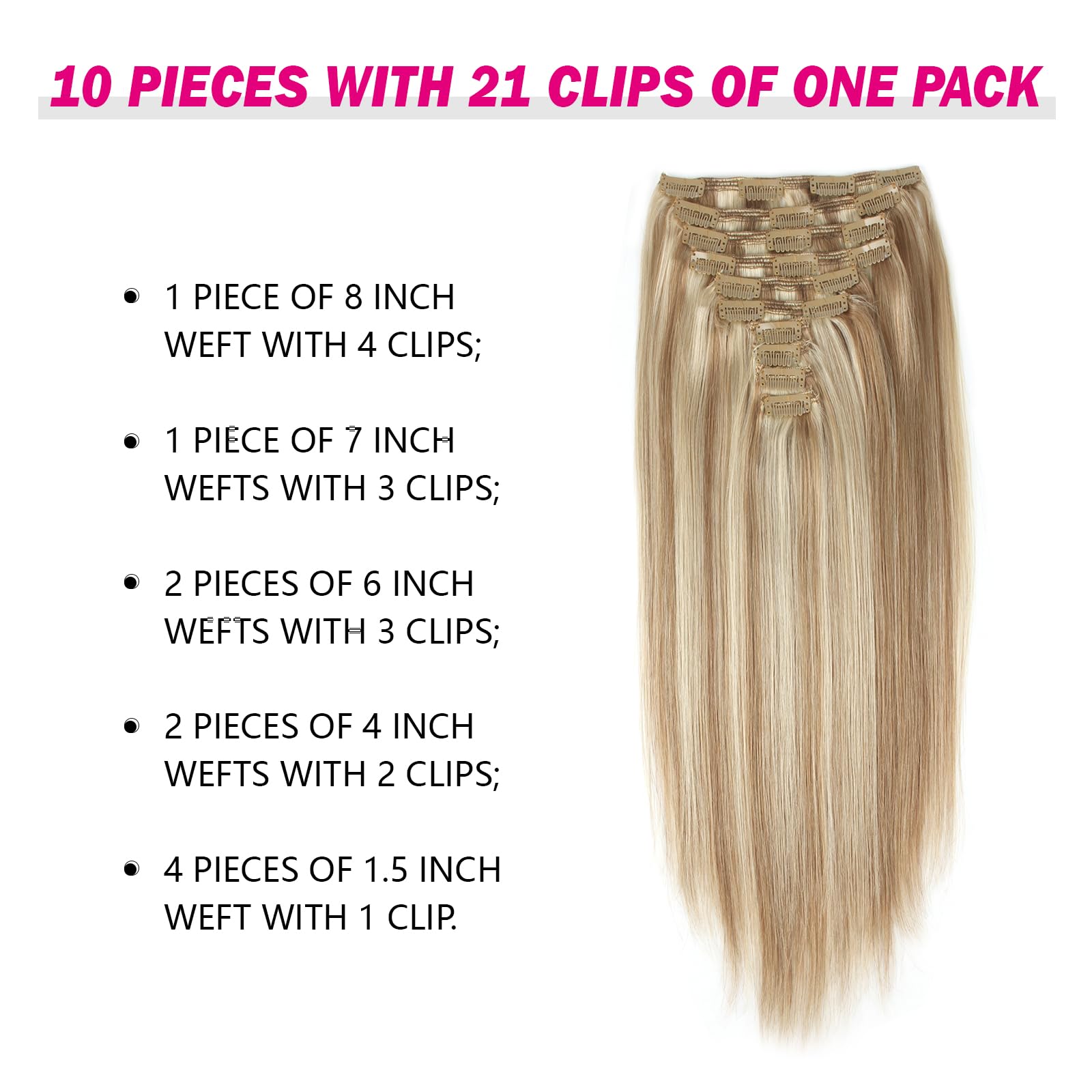 Sixstarhair 20 Inch 180g Human Hair Clip In Extensions - 10 Pieces Piano Ash Brown & Ash Blonde Mix Virgin Hair for Volume & Length - Perfect for Parties, Weddings & Daily Styling