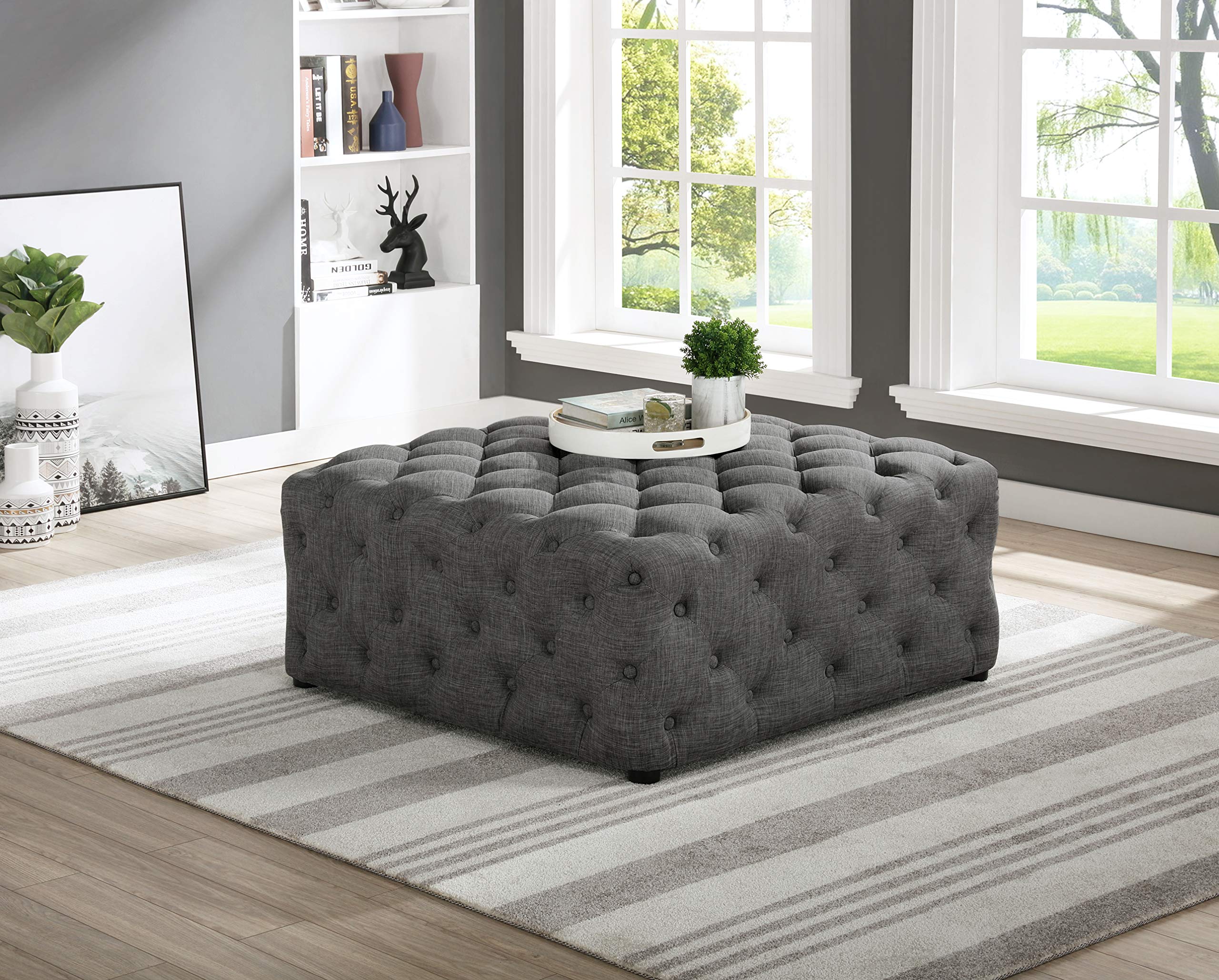Sherlyn Tufted Square Ottoman Footstool - Premium Grey Linen Upholstered Furniture for Living Room, Bedroom & Office - Comfortable Footrest, Storage Bench & Stylish Home Decor