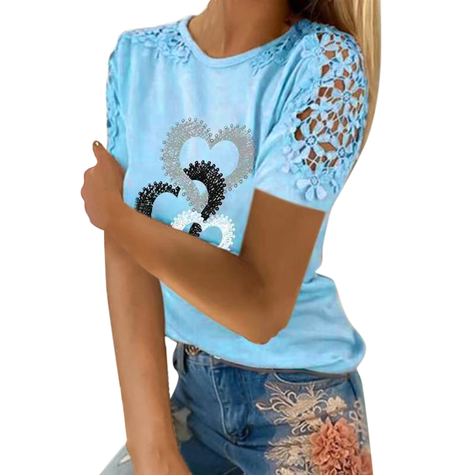Women's Short Sleeve Summer Tops - Heart Graphic Tee with Hollow Shoulder Design, Casual Blouse for Women | Perfect for Beach Outings, Date Nights & Casual Wear