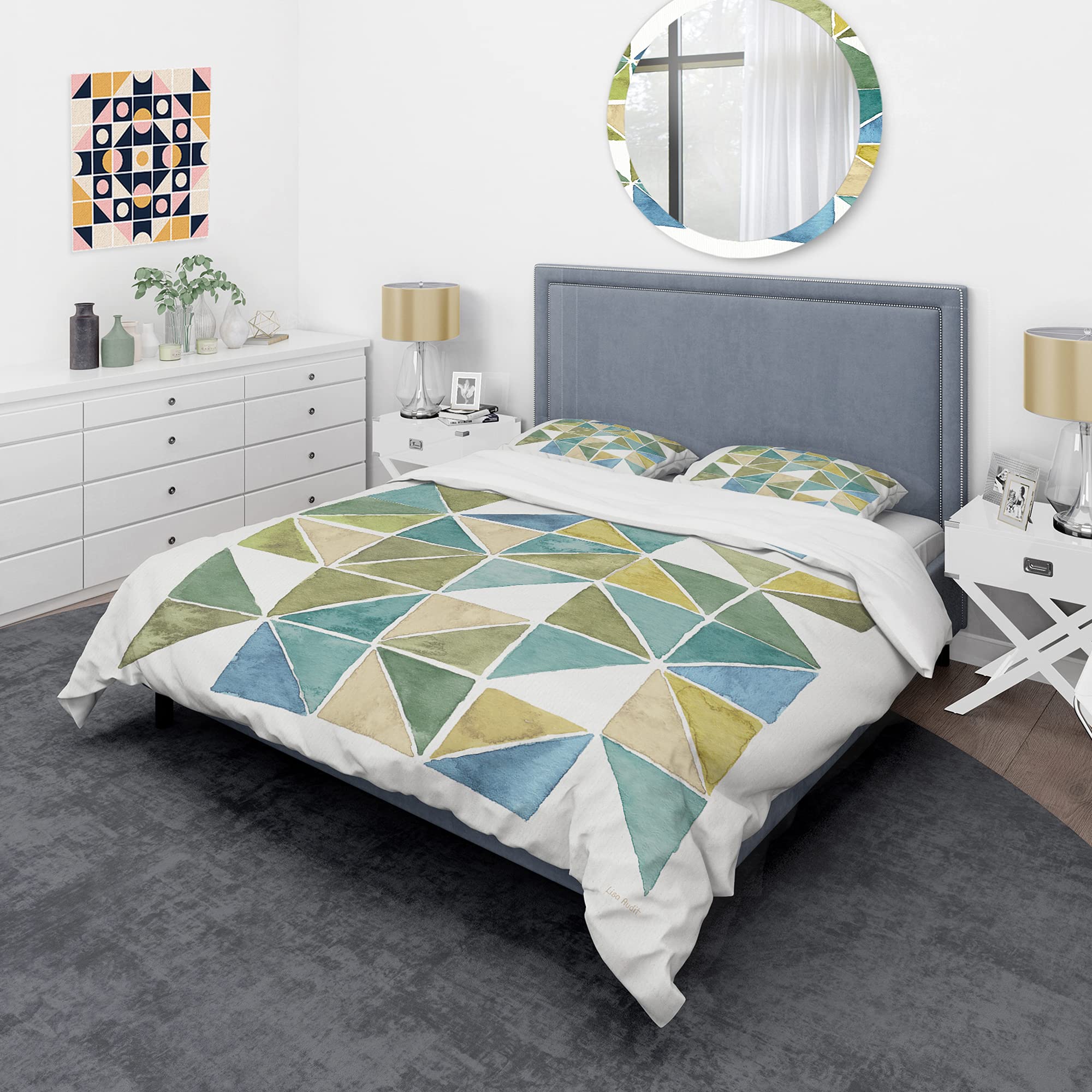 DesignQ Geometric Green Triangle Mid-Century Modern Duvet Cover Set - King Size 3-Piece Abstract Bedding | All-Season Luxury Bed Linens for Master Bedroom & Guest Room Decor