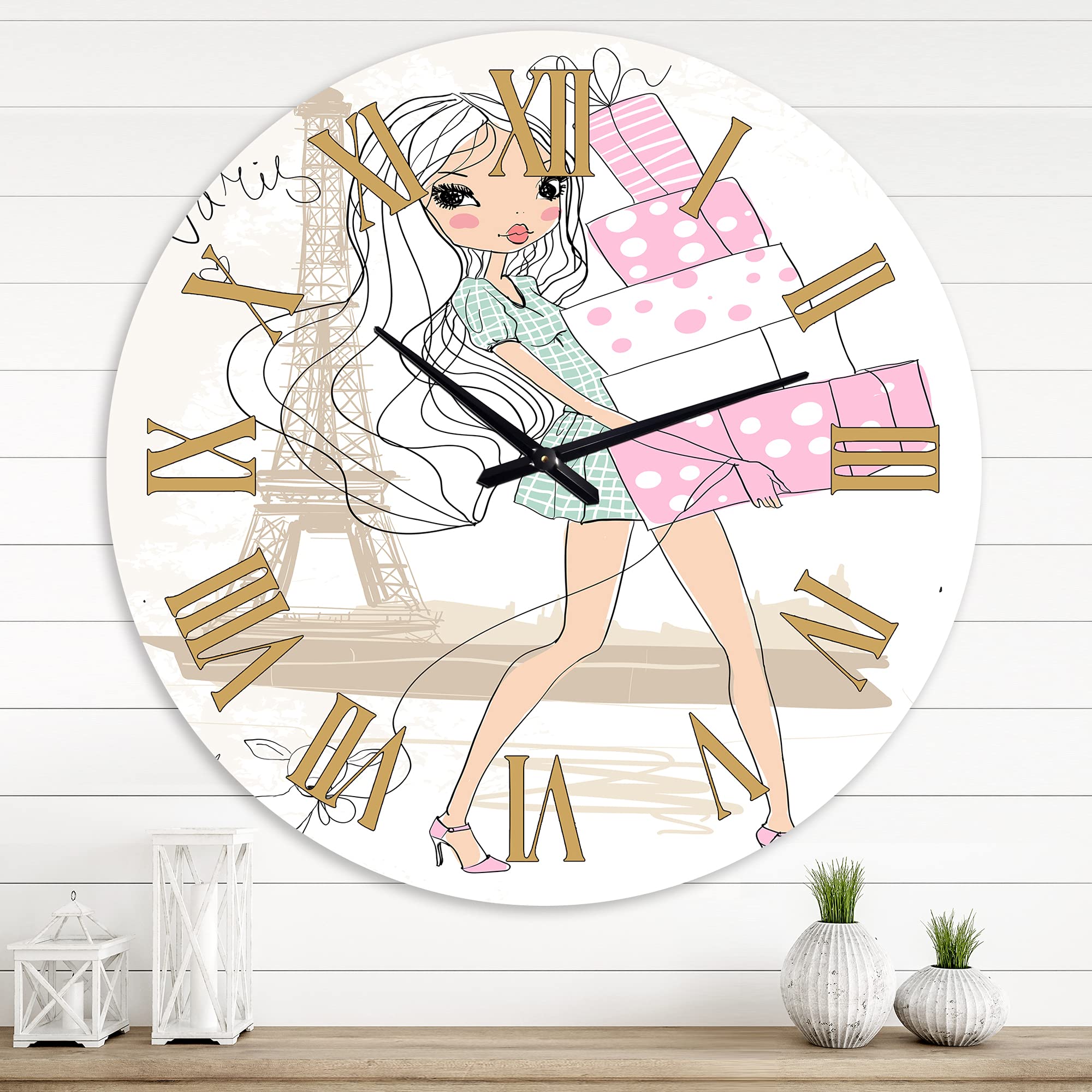 DesignQ Vintage Shabby Chic Wall Clock - 'Young Girl with Shopping Boxes in Paris' Large Decorative Clock for Kitchen, Living Room & Bedroom | Perfect French Country Home Decor Gift Idea