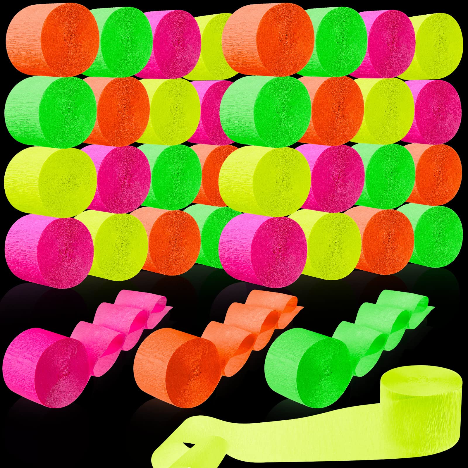 36 Rolls Glow in The Dark Streamers - UV Reactive Fluorescent Crepe Paper for Black Light Parties, Birthday Decorations & Halloween Supplies - Perfect for Neon Themed Events, Raves, and Glow-in-the-Dark Celebrations