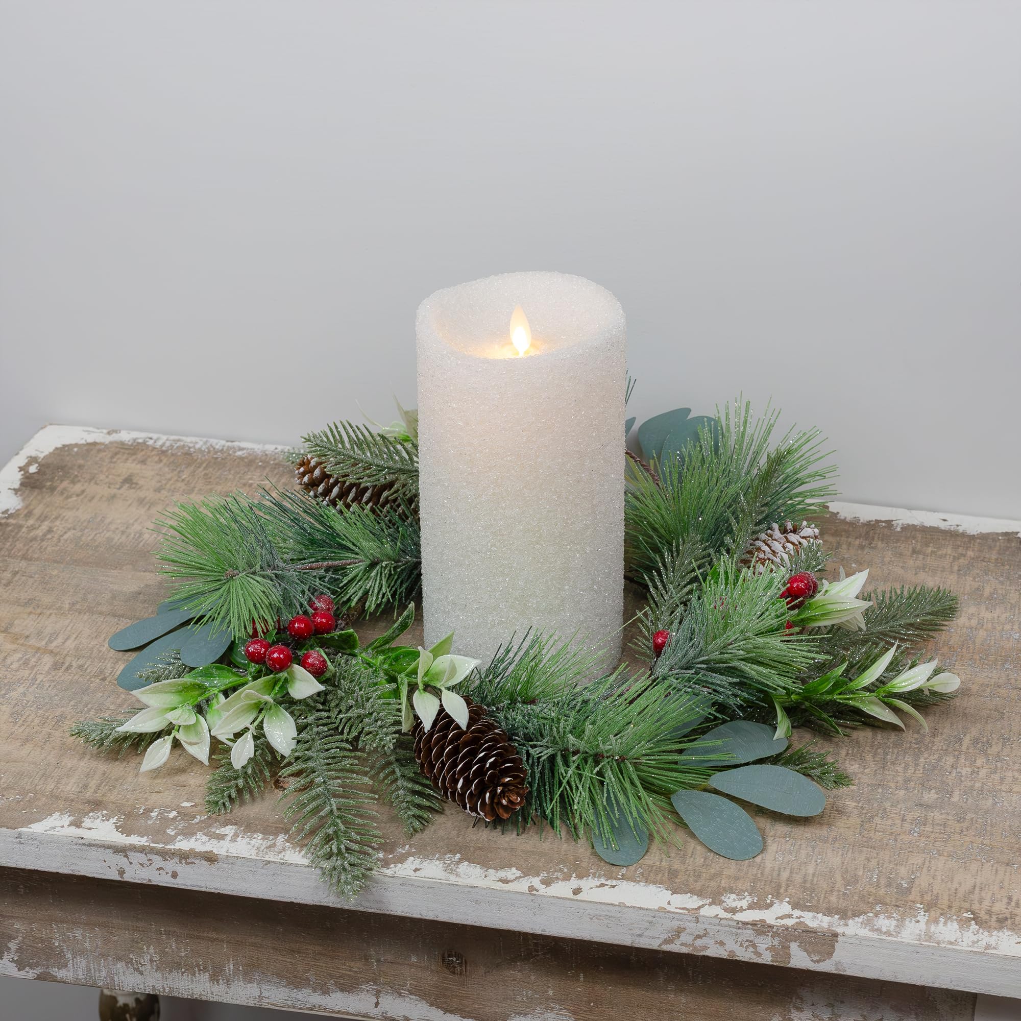 AuldHome Christmas Greenery Candle Wreaths (2-Pack, Evergreen) - Holiday Winter Decorations, Wedding Centerpiece Candle Rings for Fireplace, Table & Door Decor