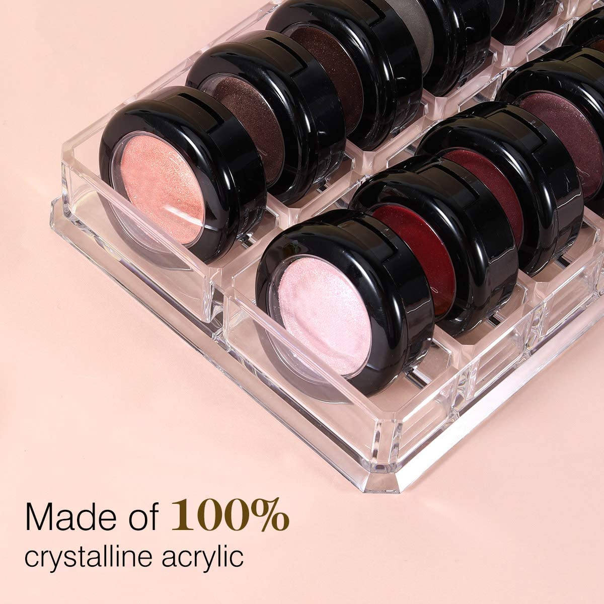 Luxspire 16-Space Acrylic Makeup Organizer for Eyeshadow Pots, Blush & Highlighter - Clear Cosmetic Storage Case | Perfect for Vanity, Travel & Beauty Salon Display