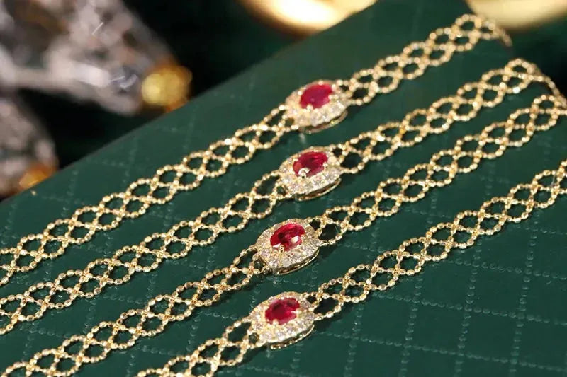 18K Yellow Gold Vintage Weave Bracelet with Natural Ruby & Diamond - Elegant Women's Jewelry for Birthday, Anniversary & Special Occasions