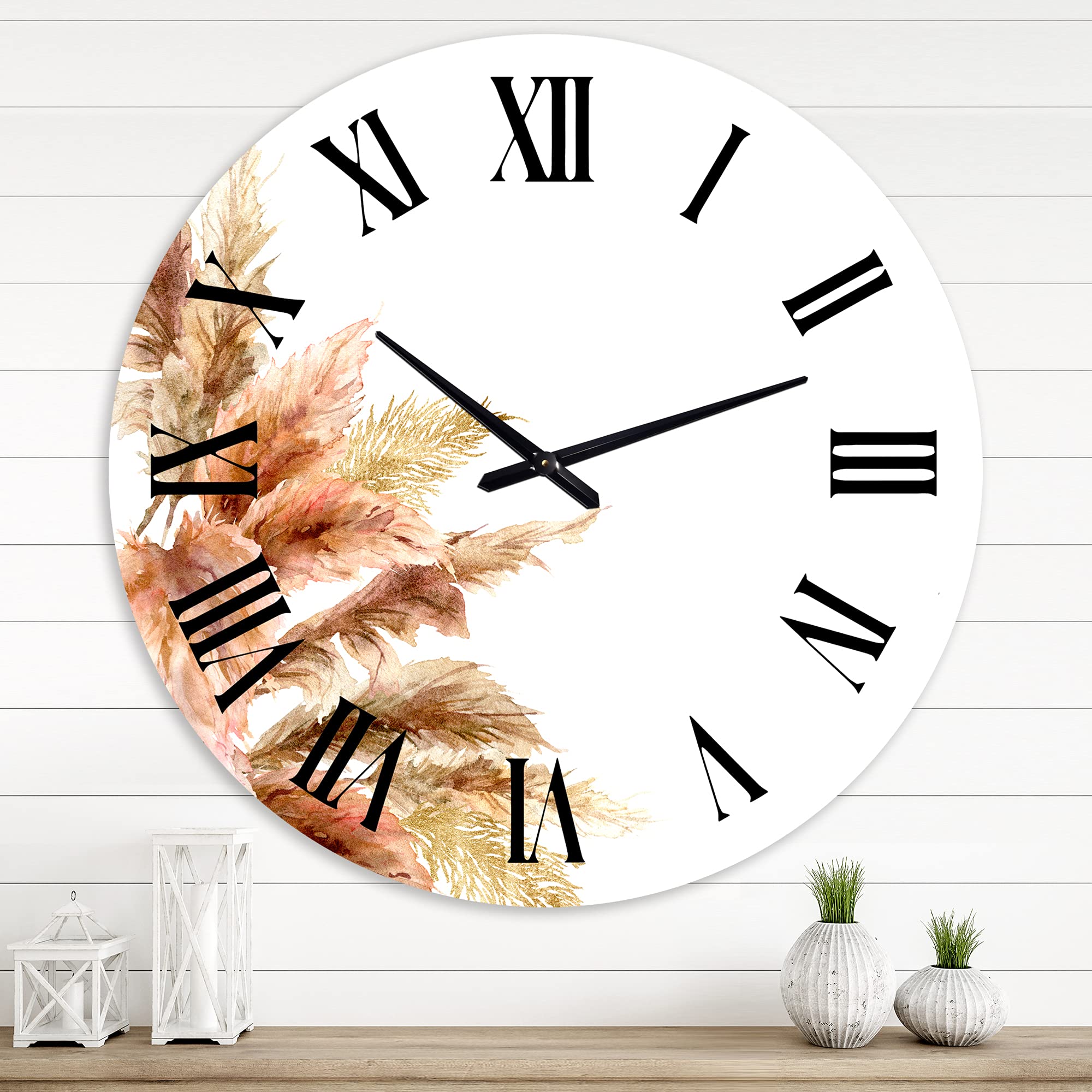Exotic Dry Pampas Grass Wall Clock - Large Traditional Floral Botanical Decor for Kitchen, Living Room, Bedroom & Office