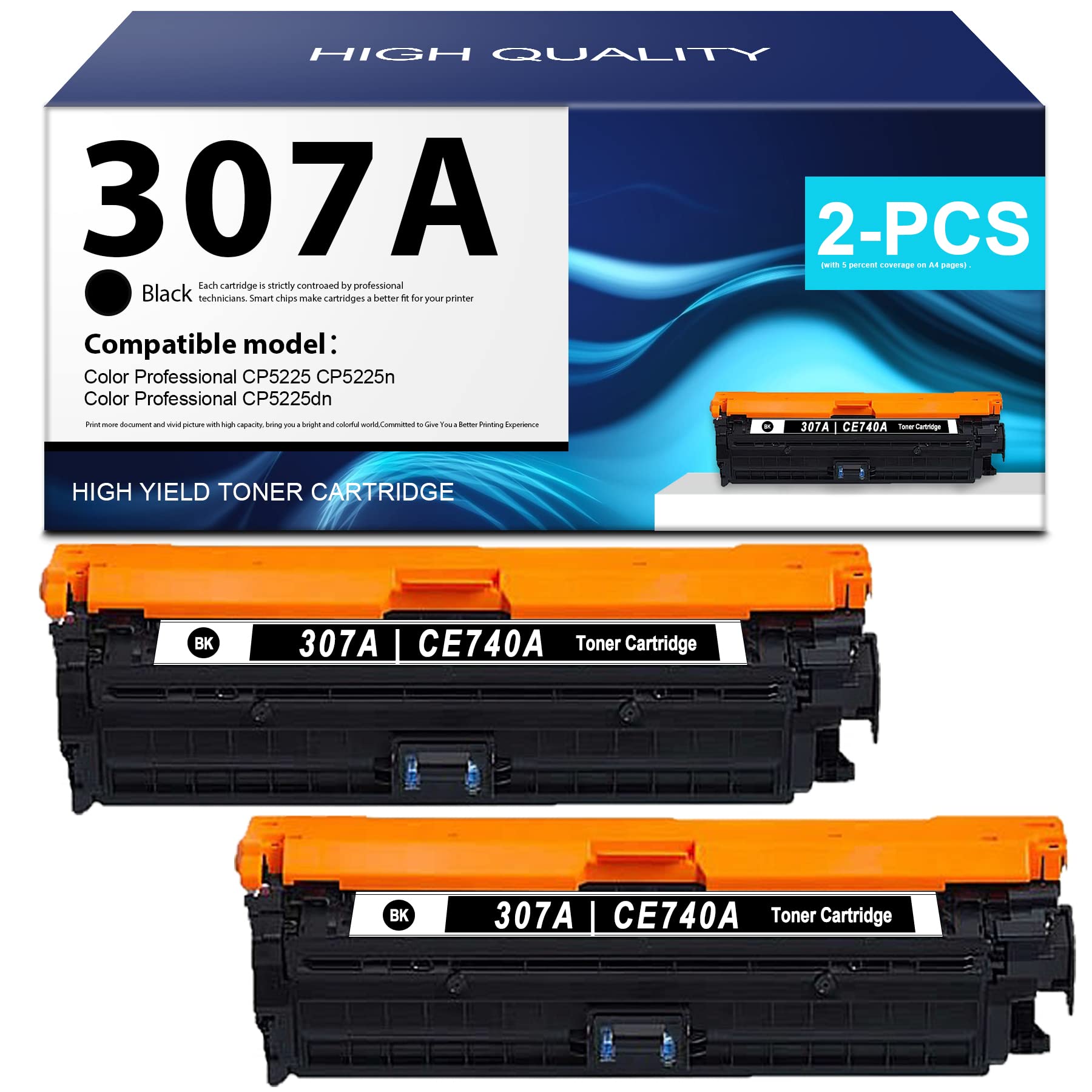 2-Pack Remanufactured 307A/CE740A Black Toner Cartridge Replacement for HP Color Professional CP5225 CP5225n CP5225dn Printers | High-Quality Compatible Ink | Perfect for Office & Home Printing Needs