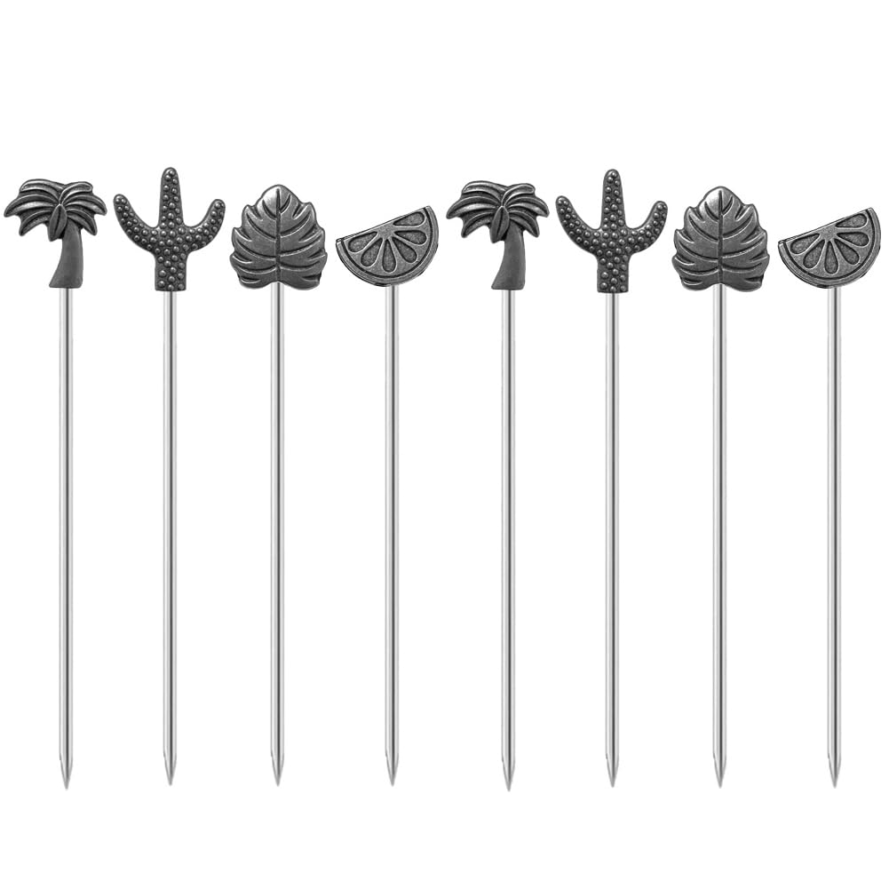 Premium Stainless Steel Cocktail Picks - Set of 8 Reusable Drink Skewers for Garnishing Cocktails, Bloody Mary, Appetizers, Olives & Fruits | Elegant Antique Silver Finish | Perfect for Home Bars, Parties & Entertaining