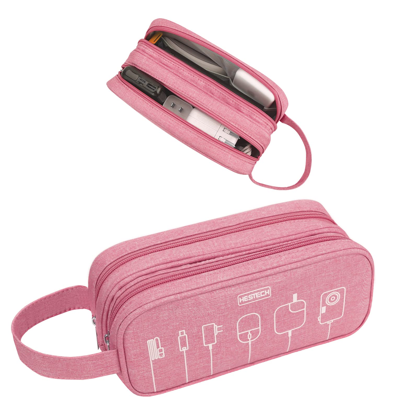 HESTECH Waterproof Double Layer Electronics Organizer Bag - Portable Travel Charger Case for Cables, Mouse, Earbuds, USB Drives (Salmon, Medium) - Perfect for Office, Travel & Home Organization