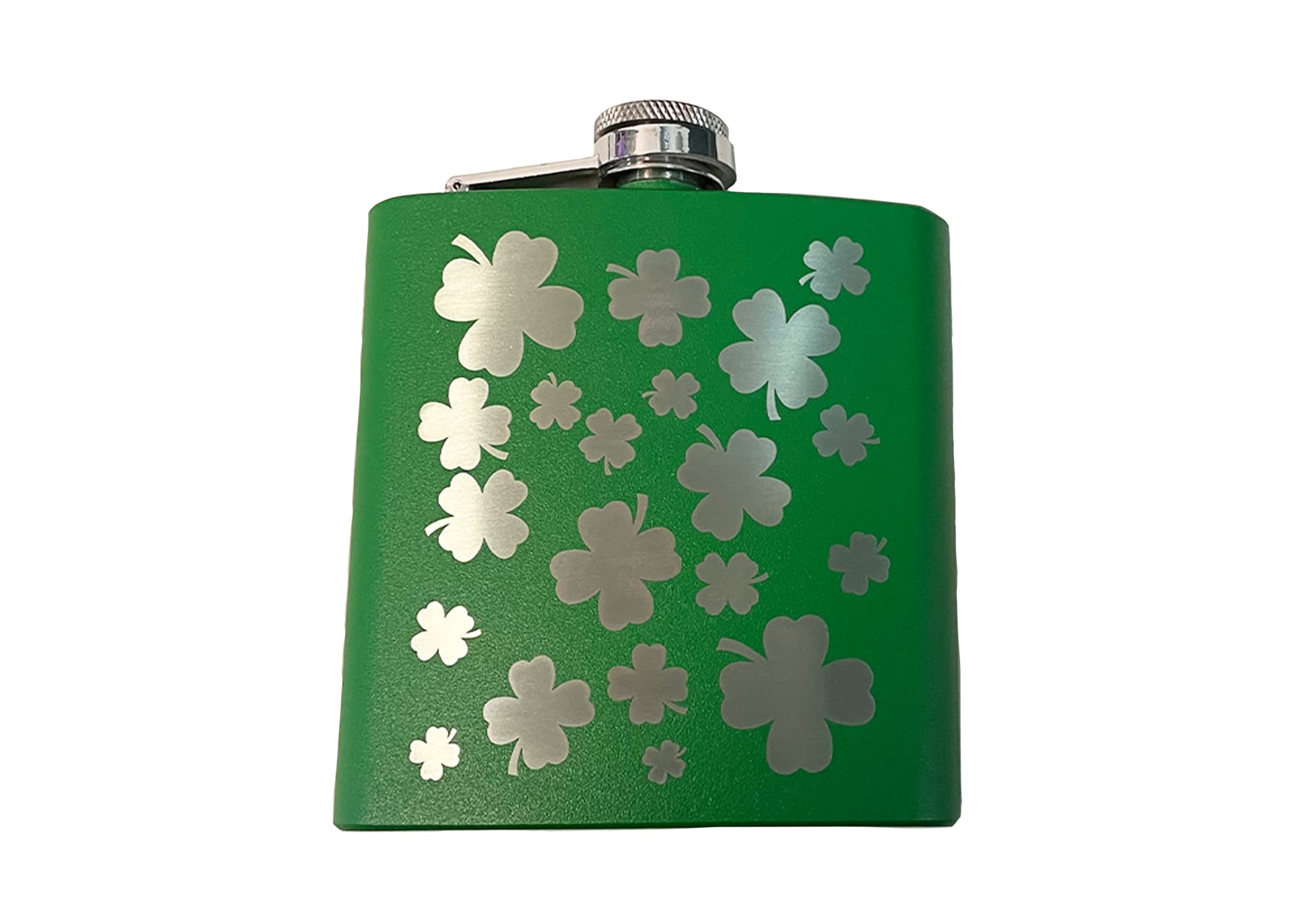 Shamrock Pattern Laser Engraved 6 oz Stainless Steel Flask - Green Irish Whiskey Flask for St. Patrick's Day, Gifts & Outdoor Adventures