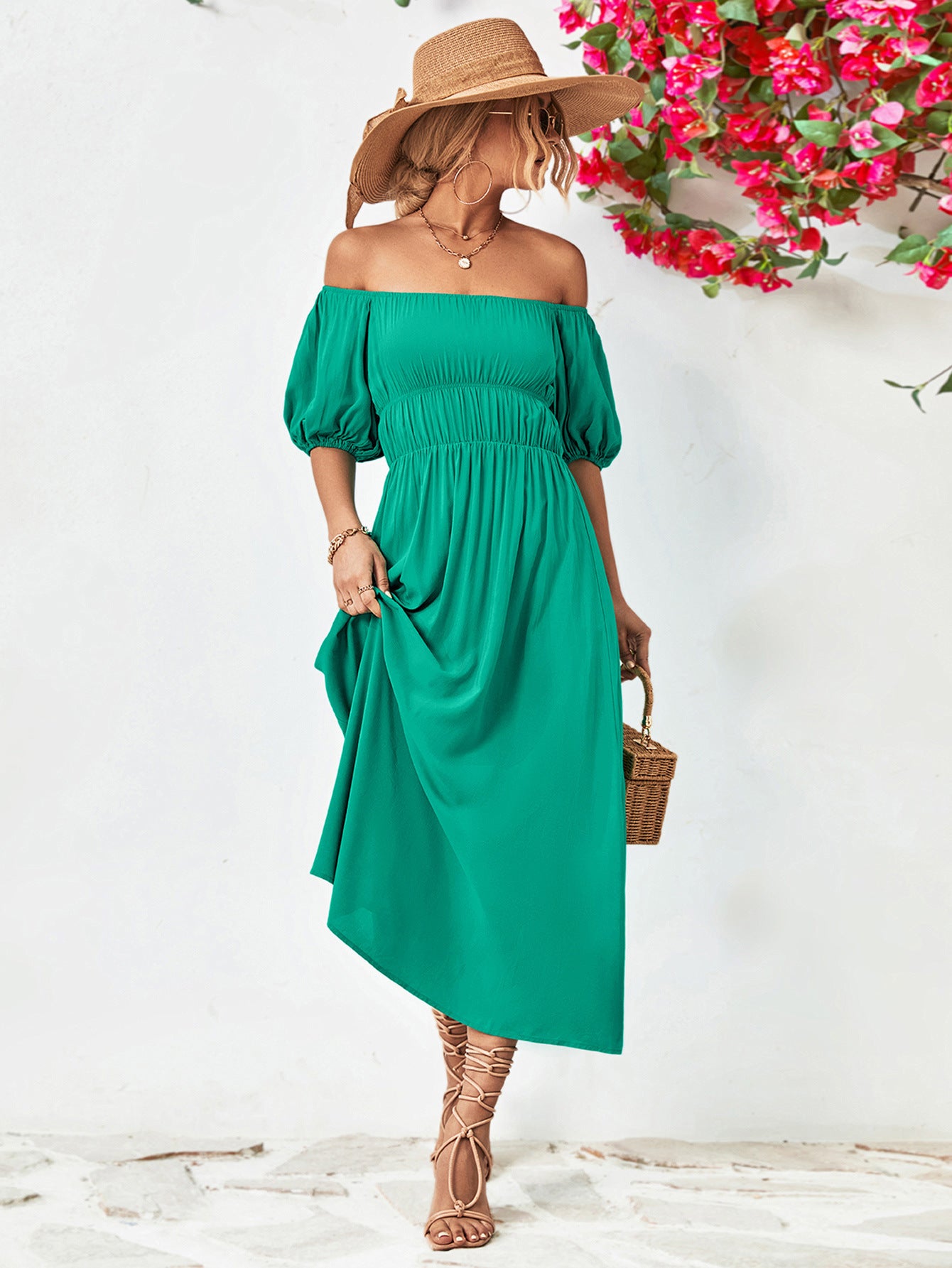 Elegant Off Shoulder Balloon Sleeve Midi Dress for Women - Summer Flowy Party Dress for Weddings, Date Nights & Beach Vacations