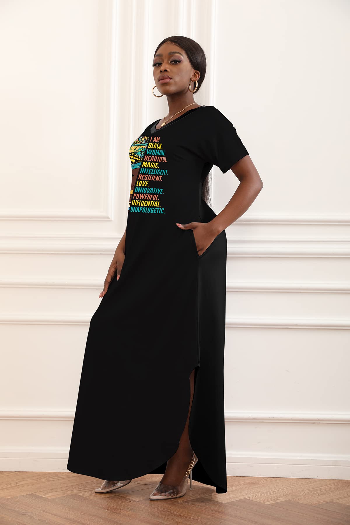 FZNHQL Black Women's Short Sleeve V-Neck Maxi Dress - African Melanin Girl Print Floral Long Dress for Casual Wear | Perfect for Summer Outings, Beach Vacations & Cultural Events